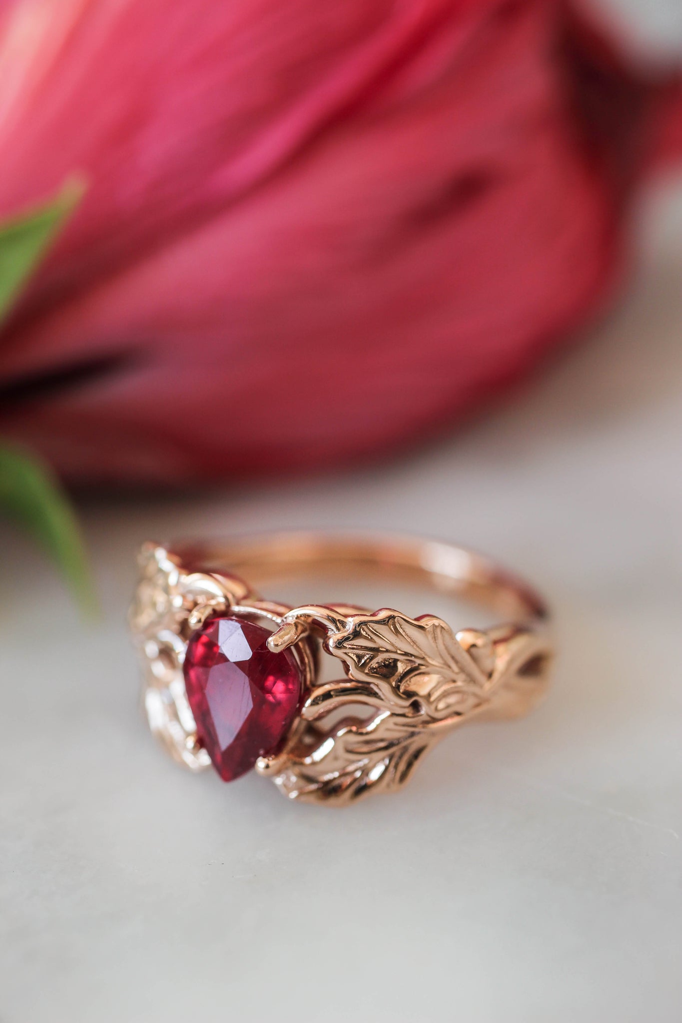 Natural ruby engagement ring, oak leaves ring - Eden Garden Jewelry™