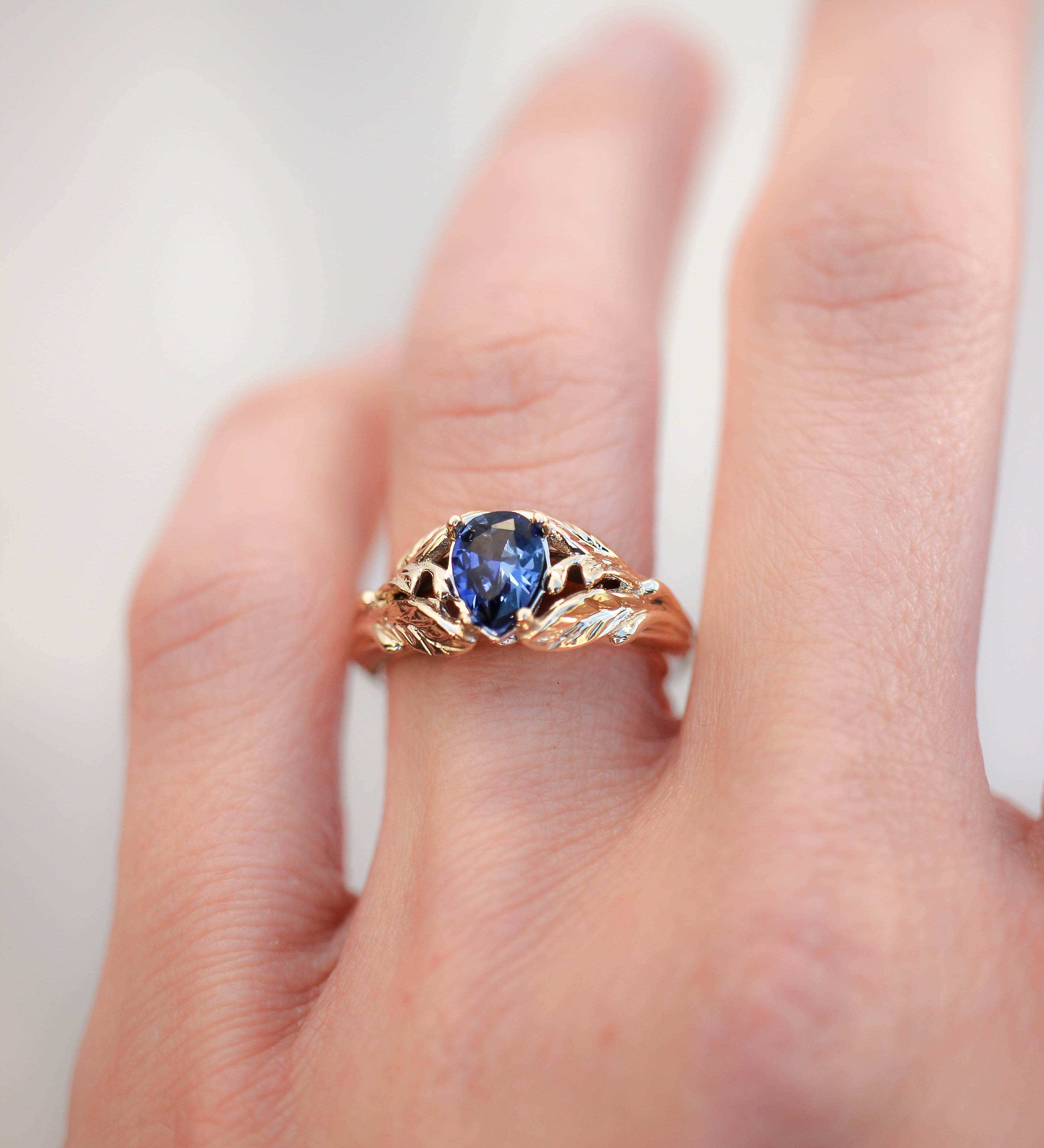 Blue lab sapphire ring, gold leaves engagement ring / Wisteria - Eden Garden Jewelry™