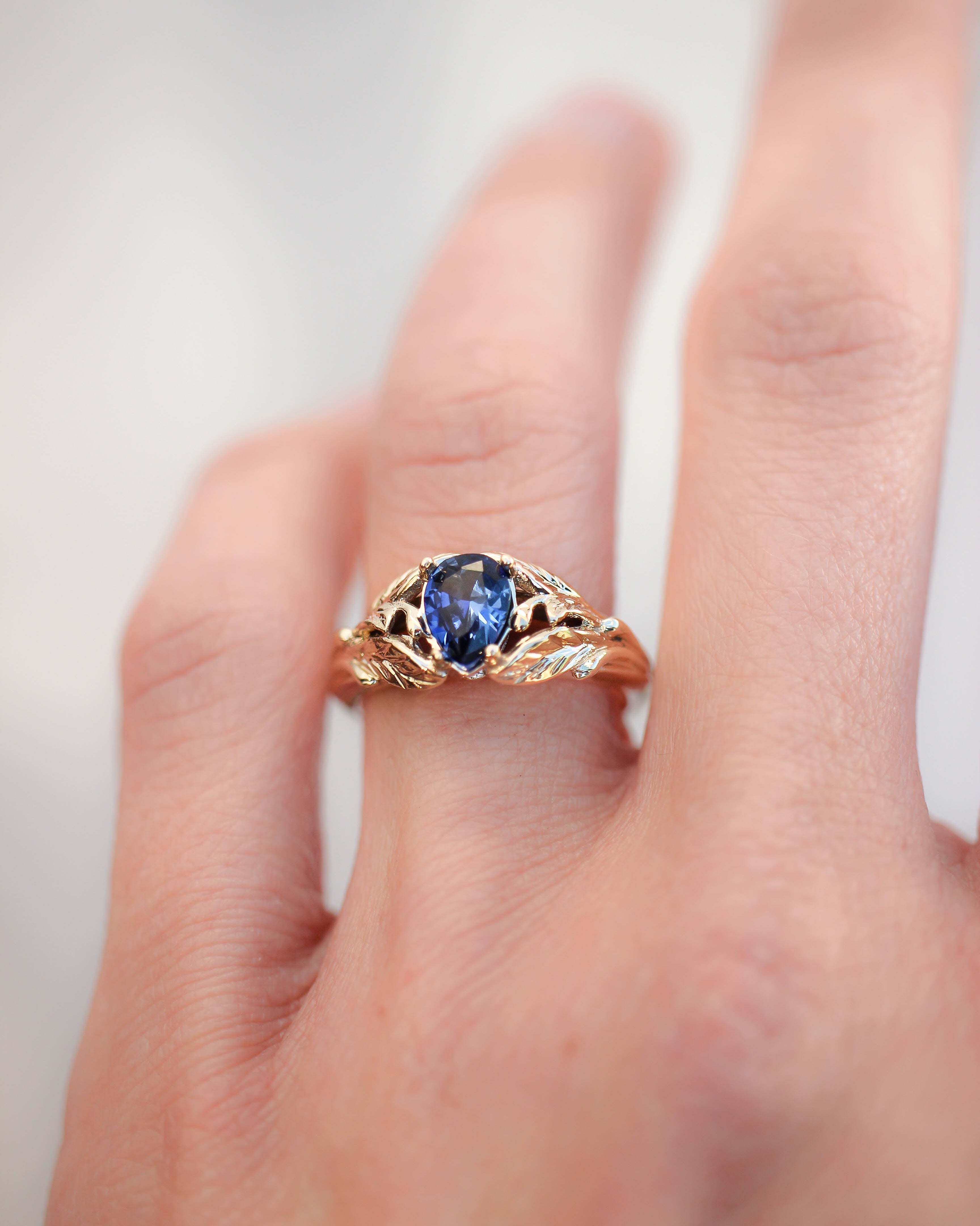 Blue lab sapphire ring, gold leaves engagement ring / Wisteria - Eden Garden Jewelry™