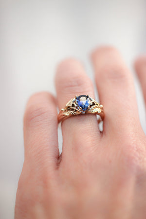 Blue lab sapphire ring, gold leaves engagement ring / Wisteria - Eden Garden Jewelry™