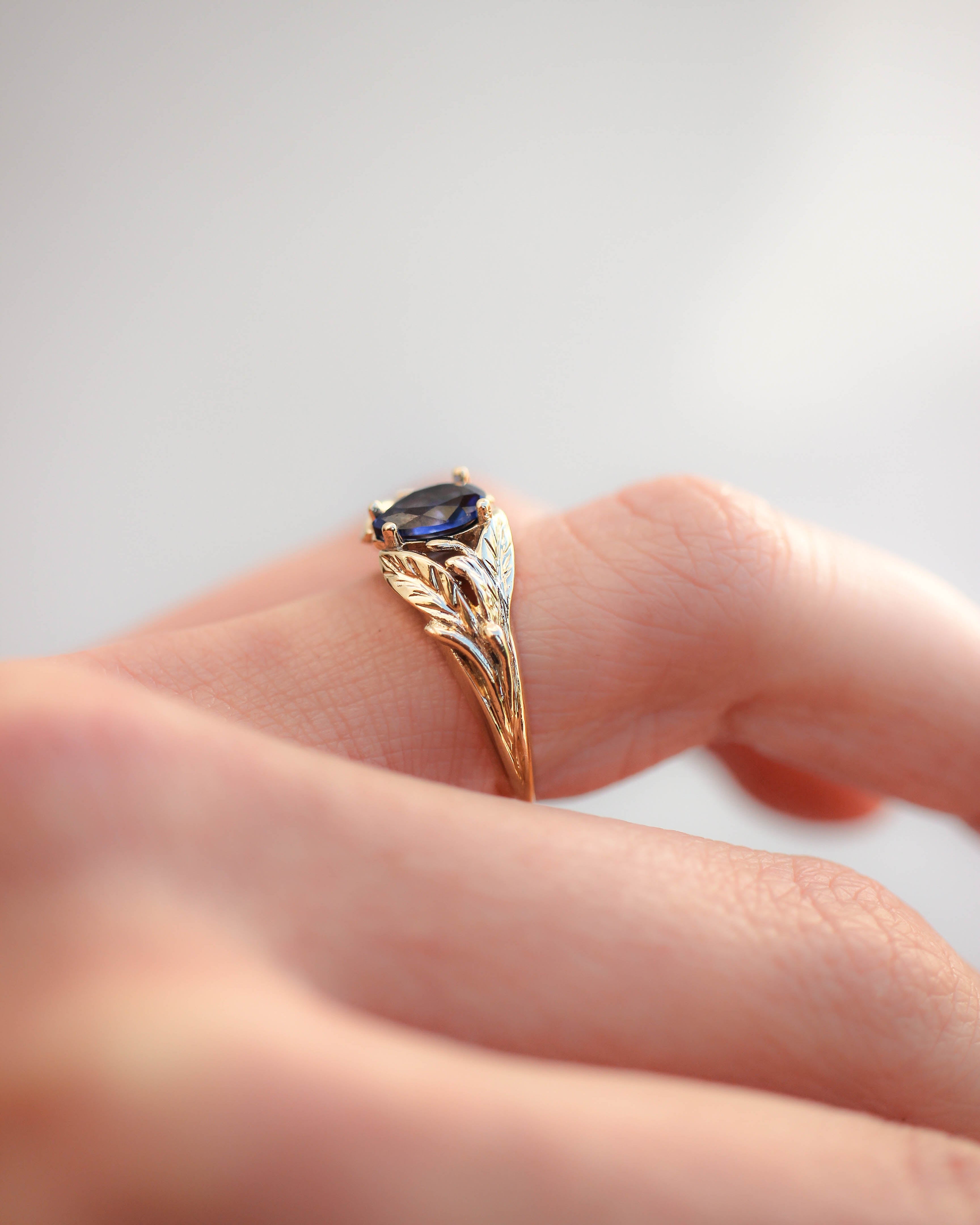 Blue lab sapphire ring, gold leaves engagement ring / Wisteria - Eden Garden Jewelry™