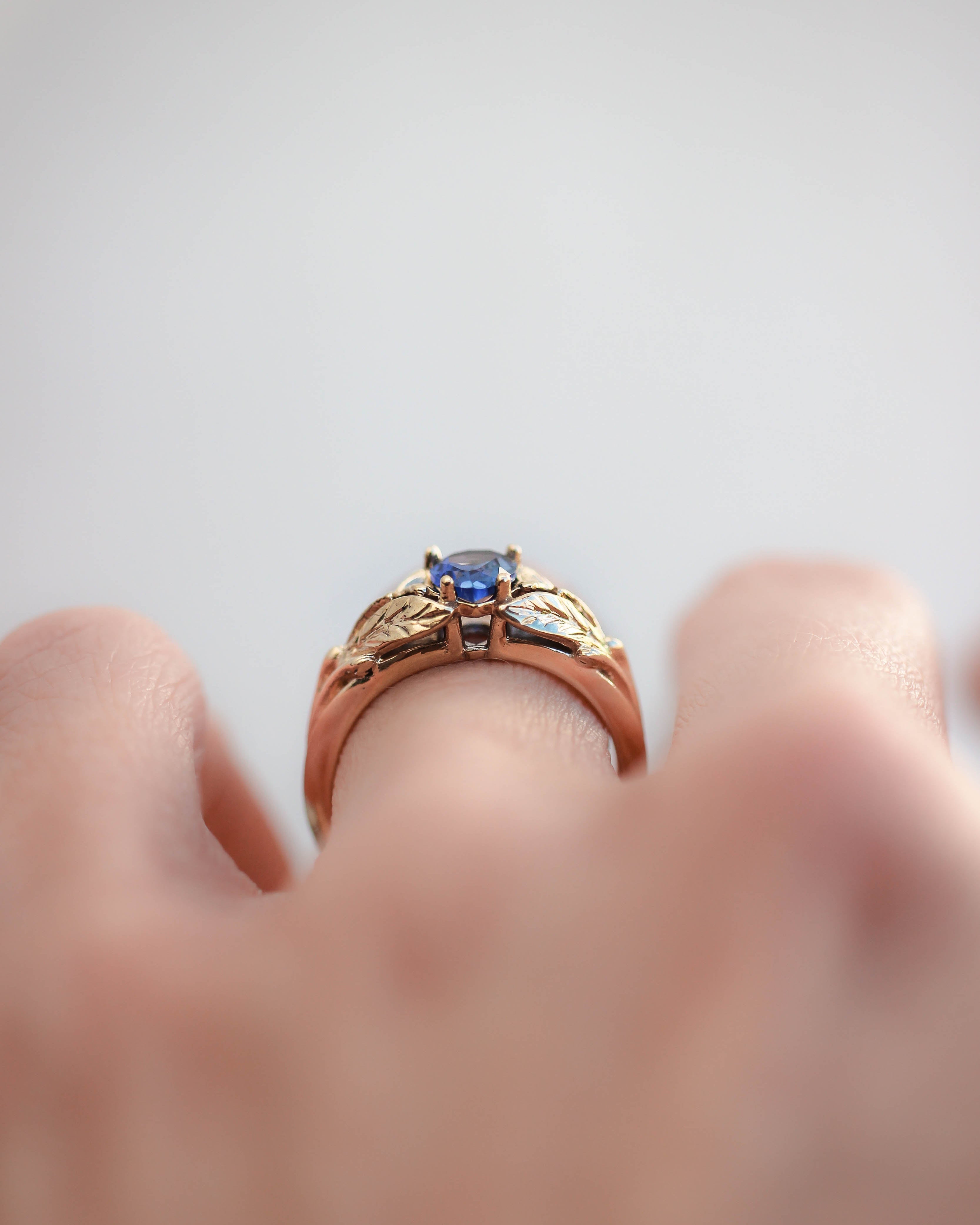 Blue lab sapphire ring, gold leaves engagement ring / Wisteria - Eden Garden Jewelry™