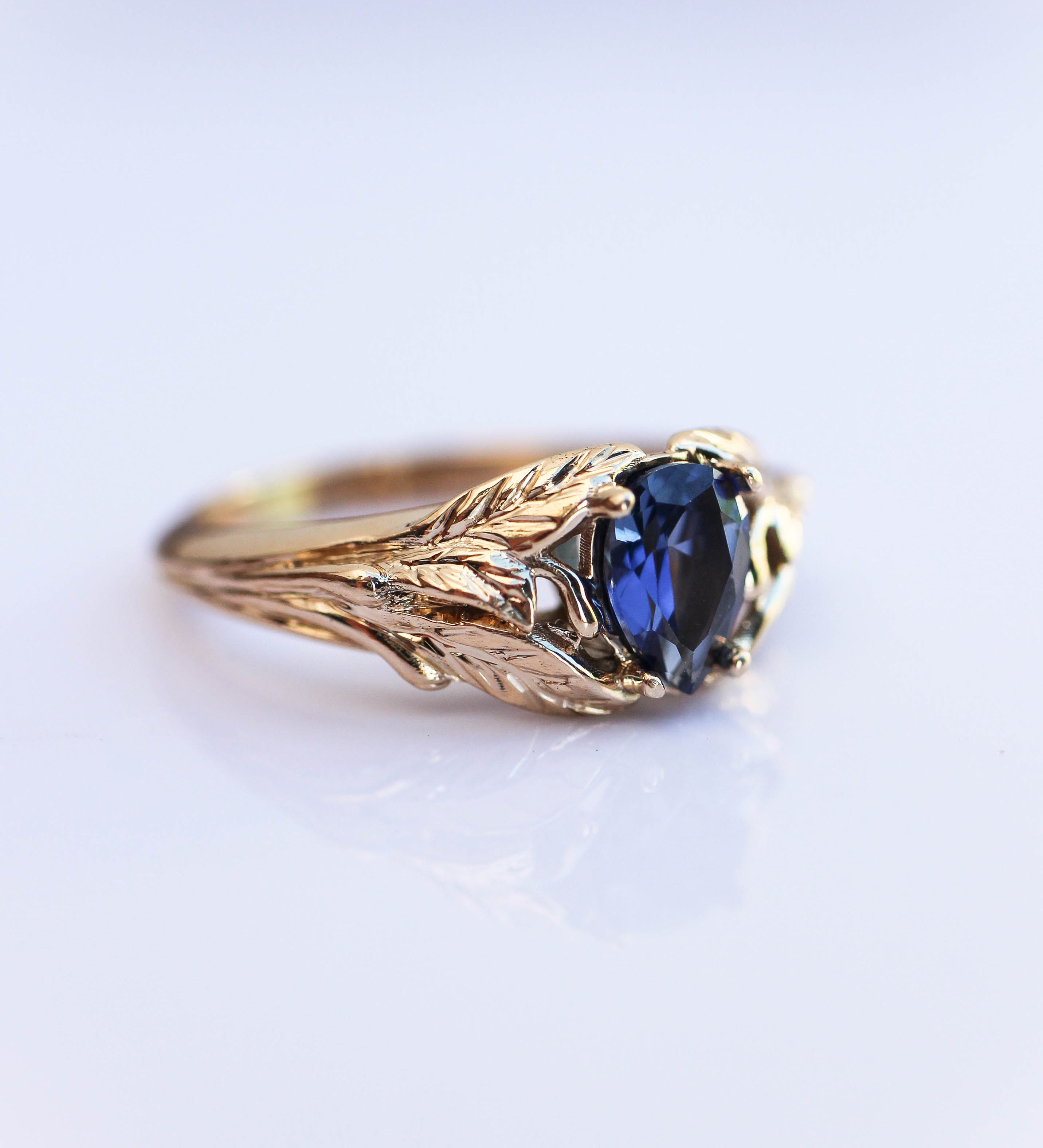 Blue lab sapphire ring, gold leaves engagement ring / Wisteria - Eden Garden Jewelry™