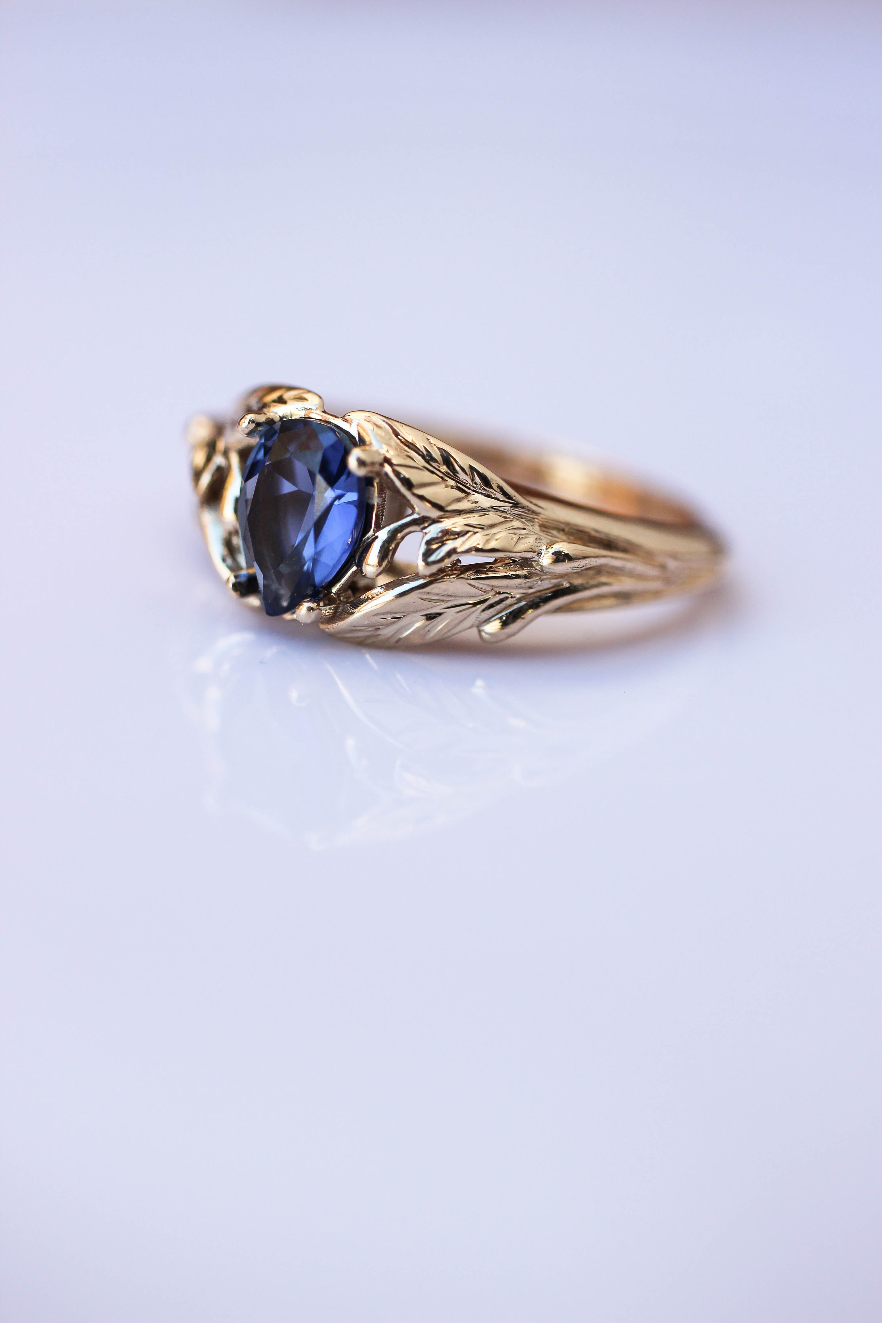 Blue lab sapphire ring, gold leaves engagement ring / Wisteria | Eden ...