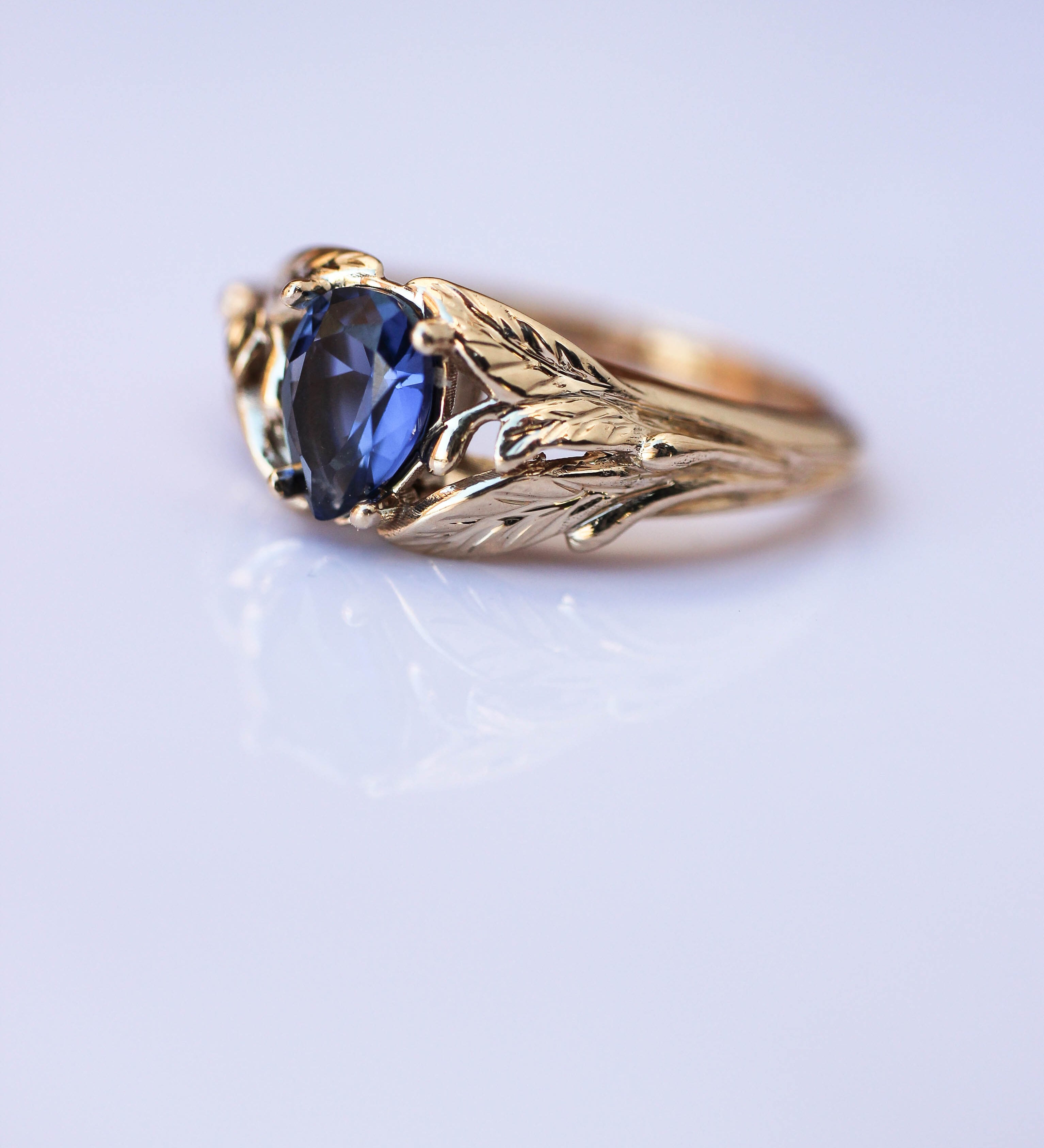 Blue lab sapphire ring, gold leaves engagement ring / Wisteria - Eden Garden Jewelry™