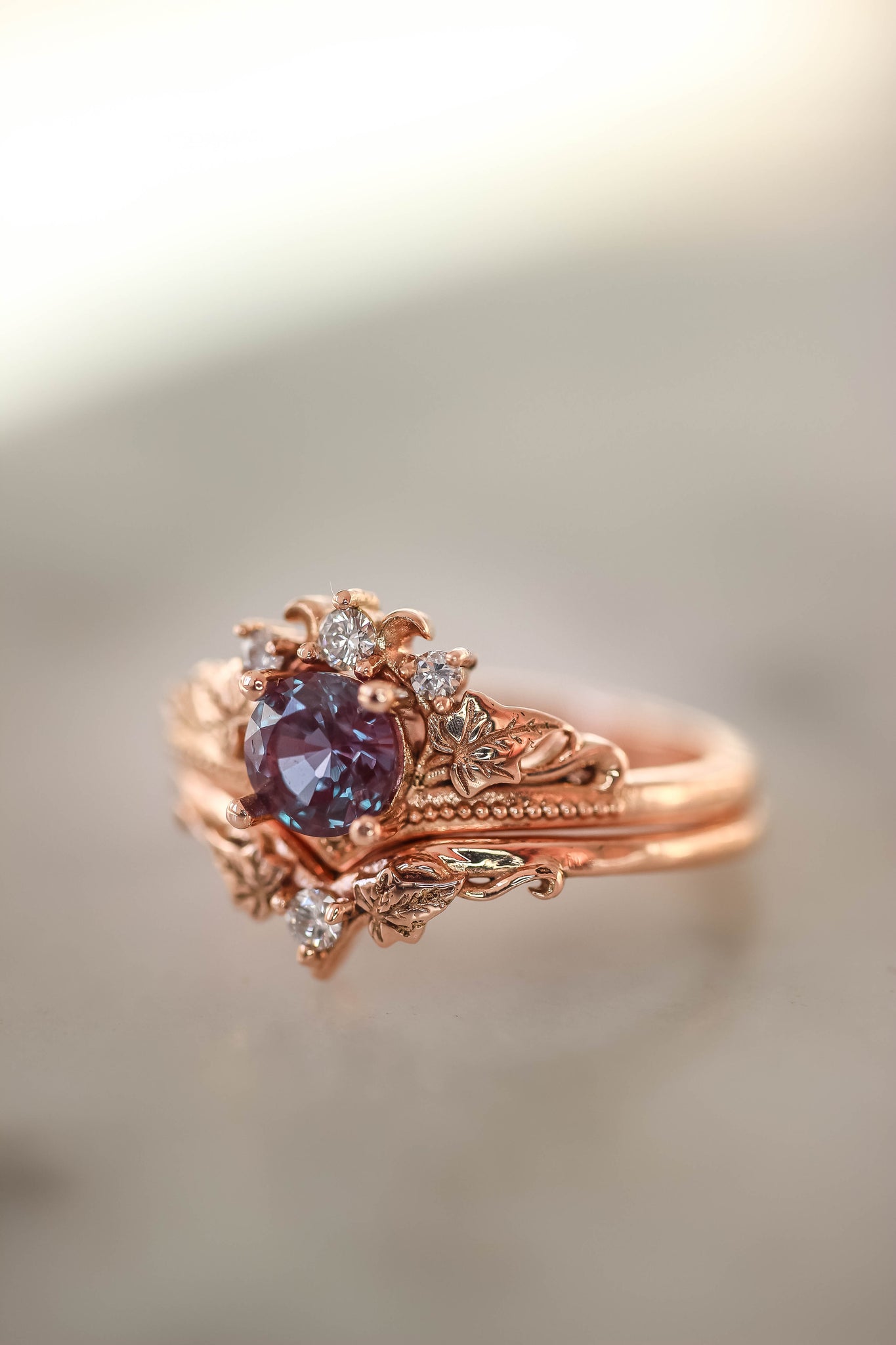 Bridal ring set with alexandrite and diamonds / Ariadne - Eden Garden Jewelry™