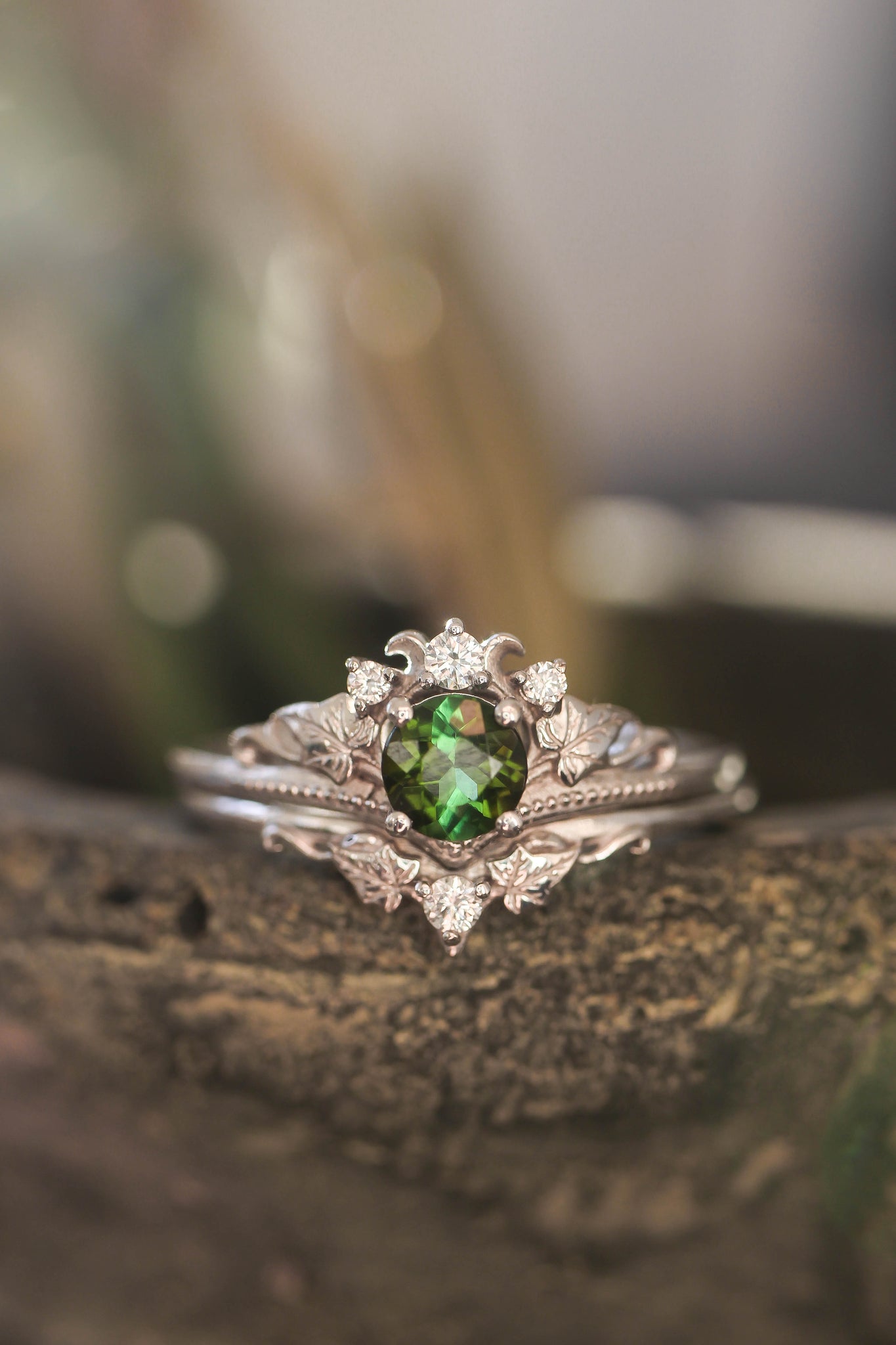 Bridal ring set with tourmaline and diamonds / Ariadne - Eden Garden Jewelry™