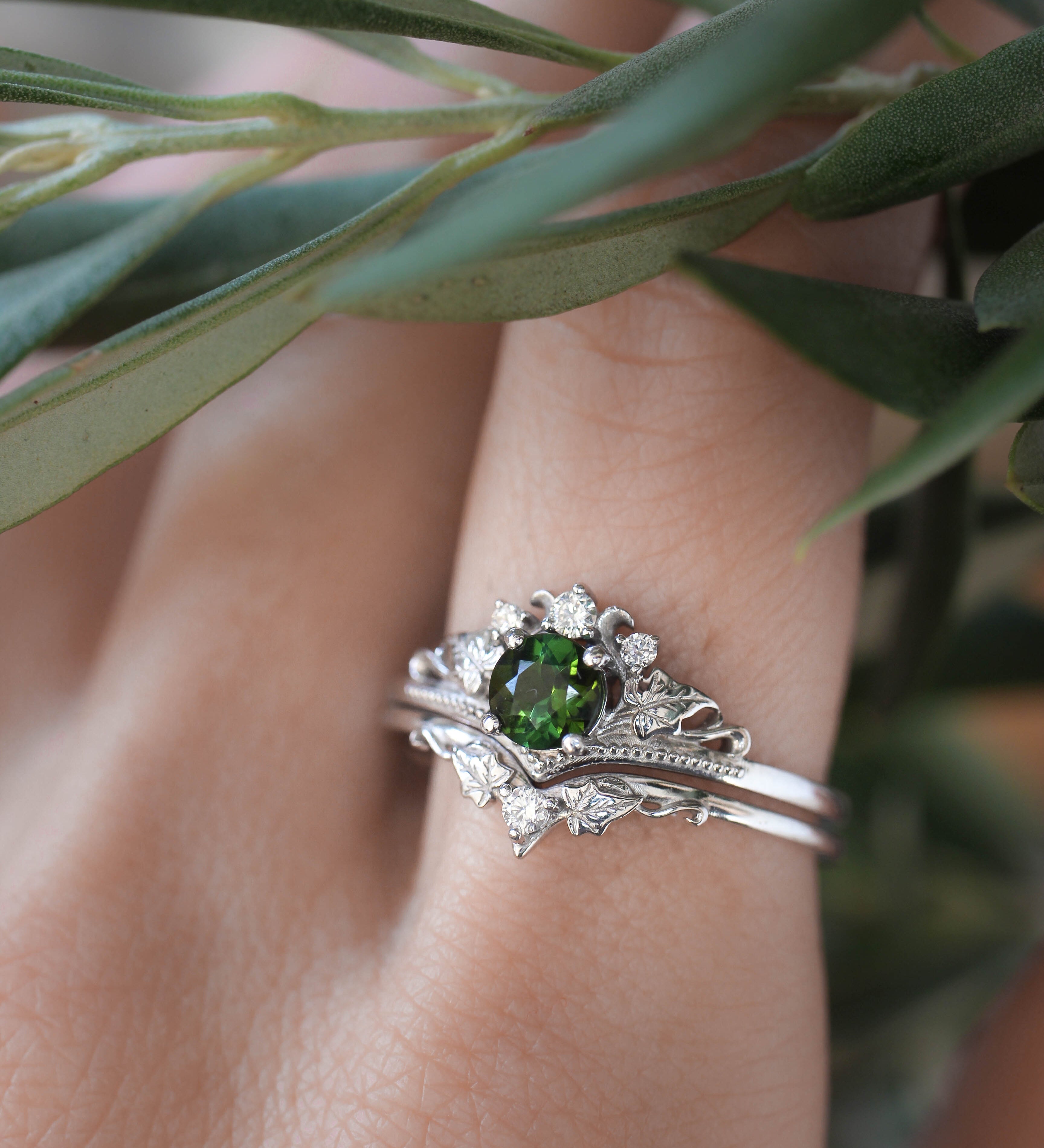 Bridal ring set with tourmaline and diamonds / Ariadne - Eden Garden Jewelry™