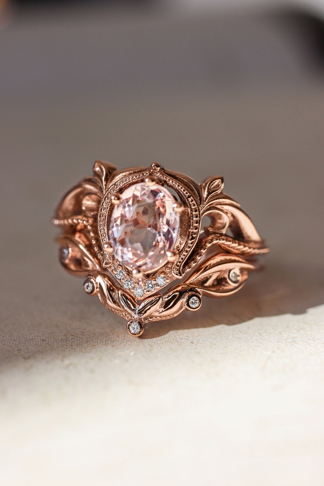 Art nouveau bridal ring set with morganite / Lida oval - Eden Garden Jewelry™