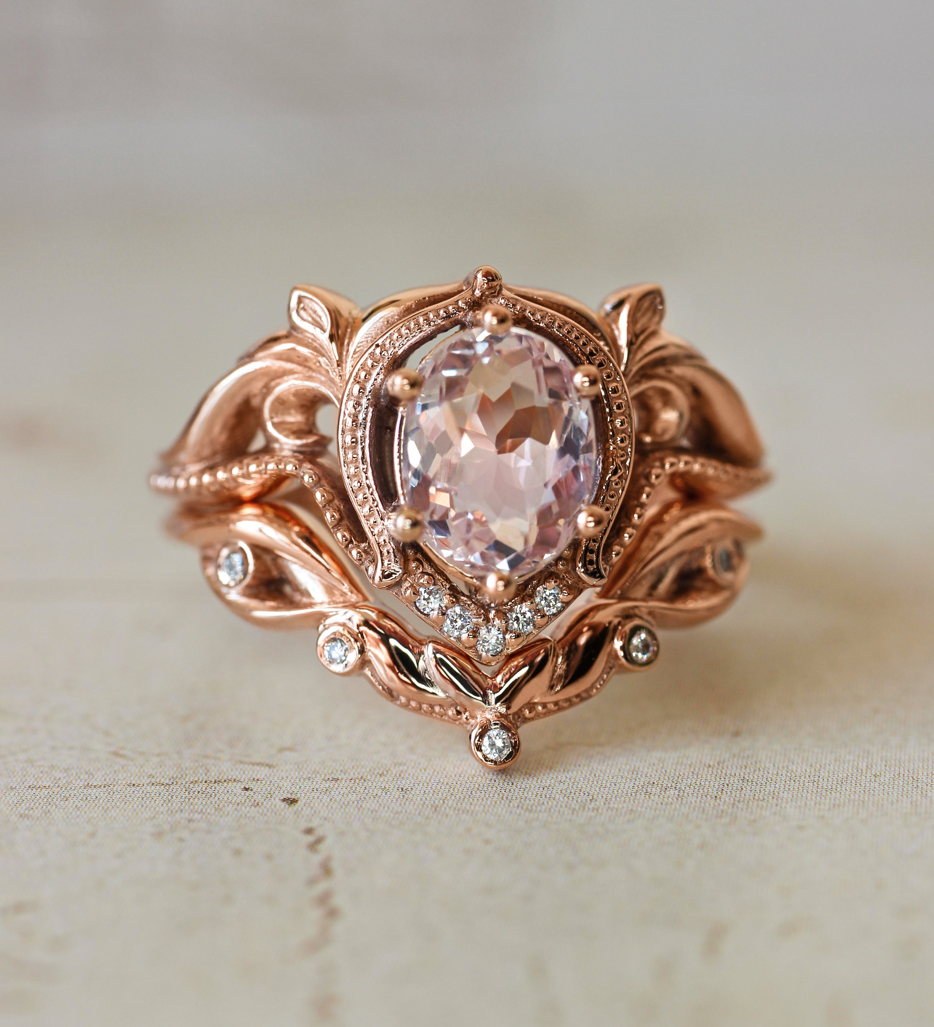 Art nouveau bridal ring set with morganite / Lida oval - Eden Garden Jewelry™