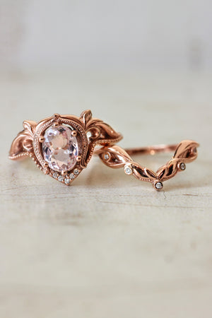 Art nouveau bridal ring set with morganite / Lida oval - Eden Garden Jewelry™