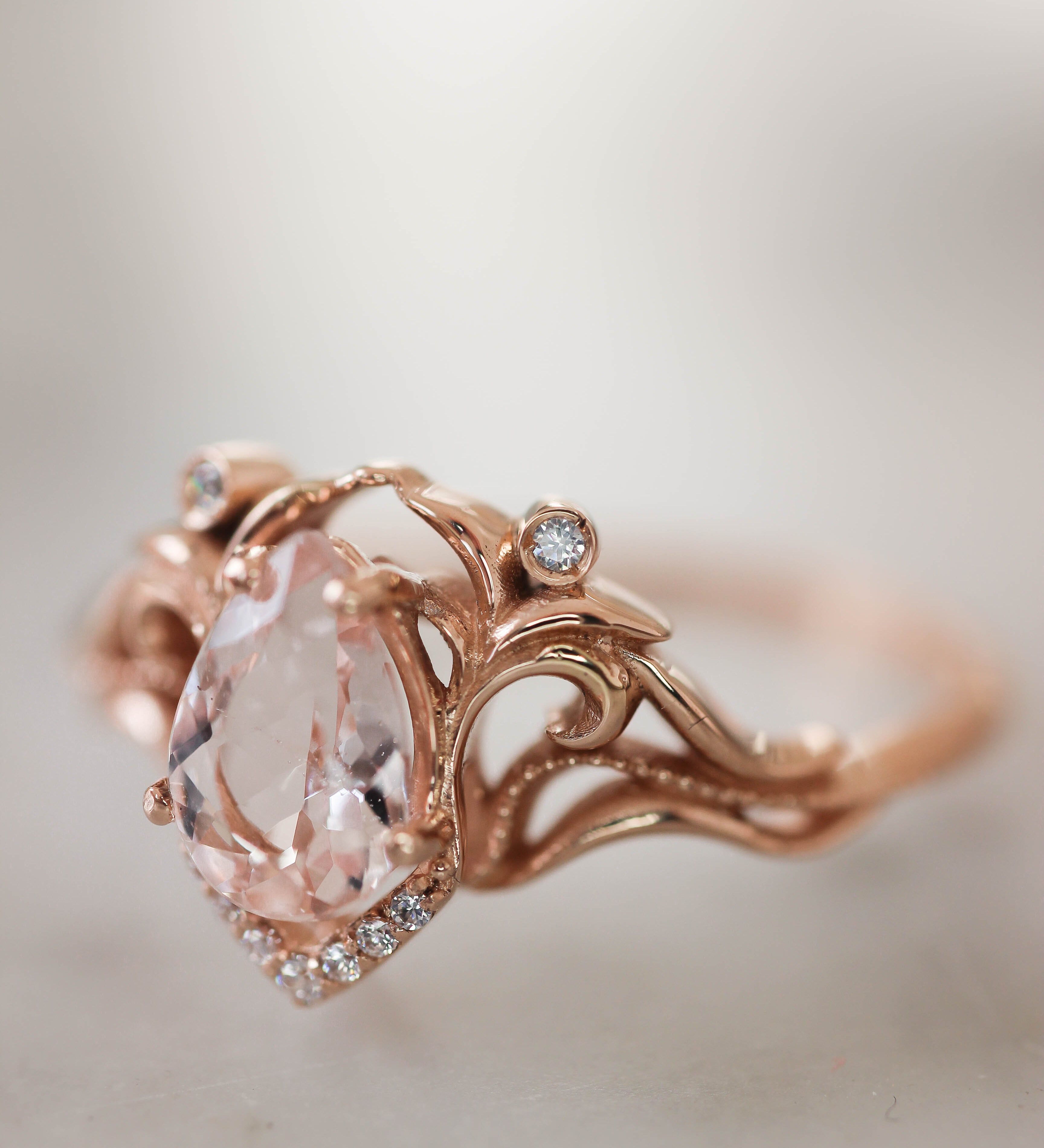 Morganite and diamonds engagement ring, vintage inspired ring