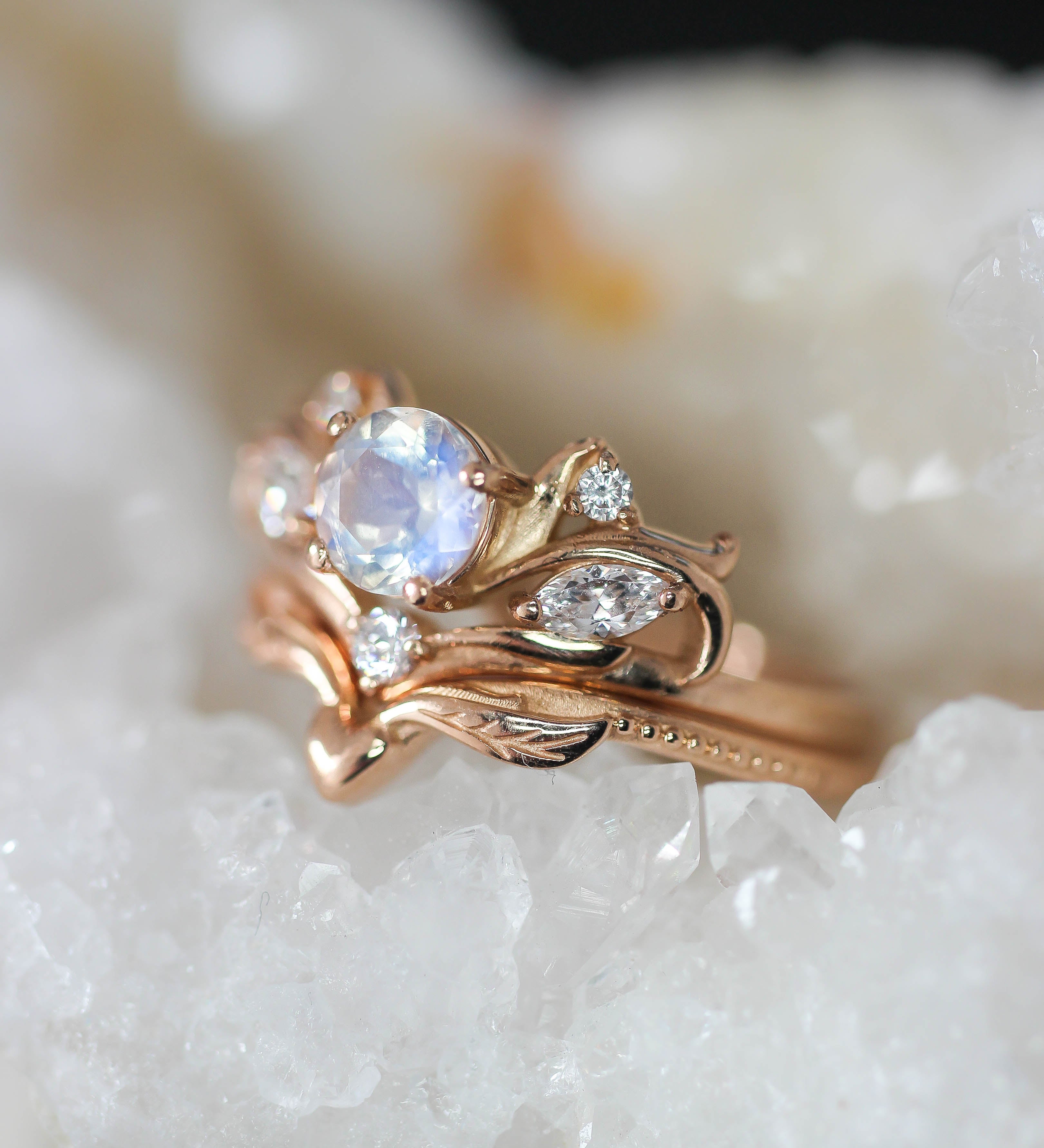 Bridal ring set with rainbow moonstone / Swanlake - Eden Garden Jewelry™
