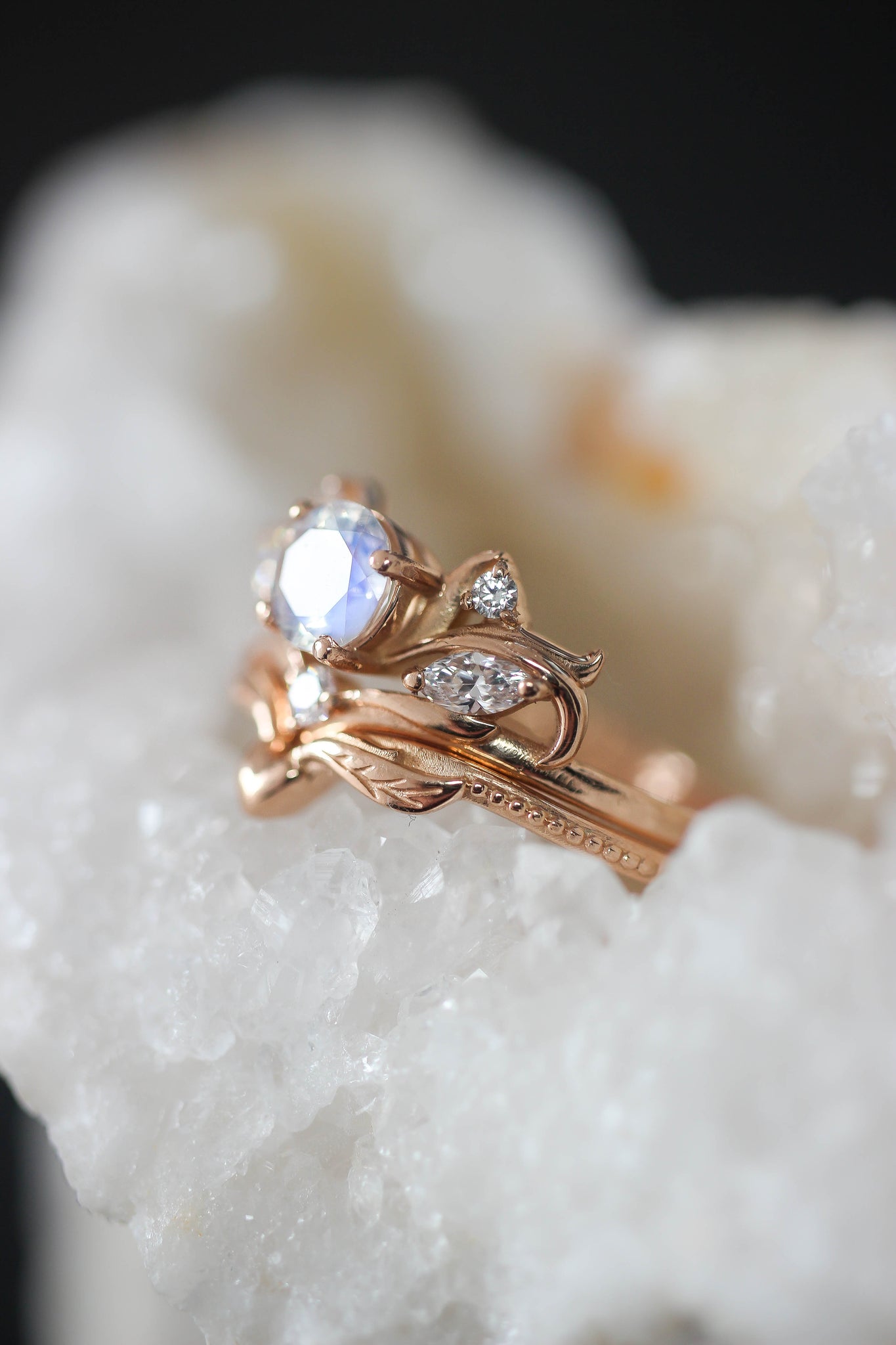 Bridal ring set with rainbow moonstone / Swanlake - Eden Garden Jewelry™