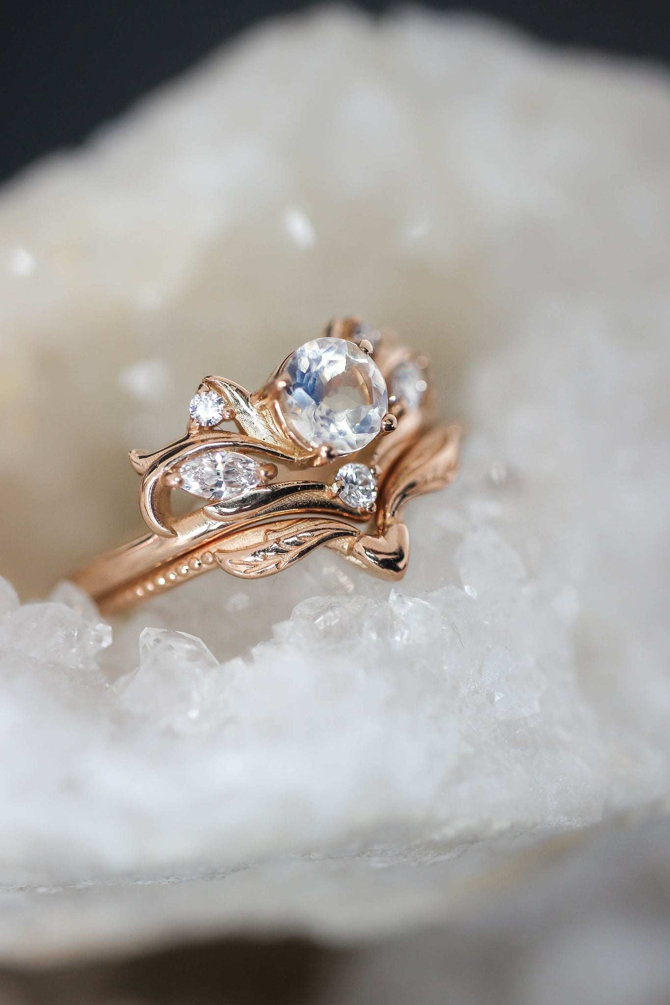Bridal ring set with rainbow moonstone / Swanlake - Eden Garden Jewelry™