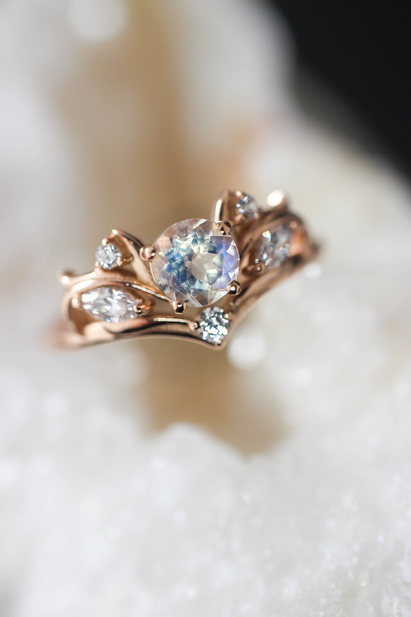Moonstone and moissanites bridal ring set / Swanlake - Eden Garden Jewelry™