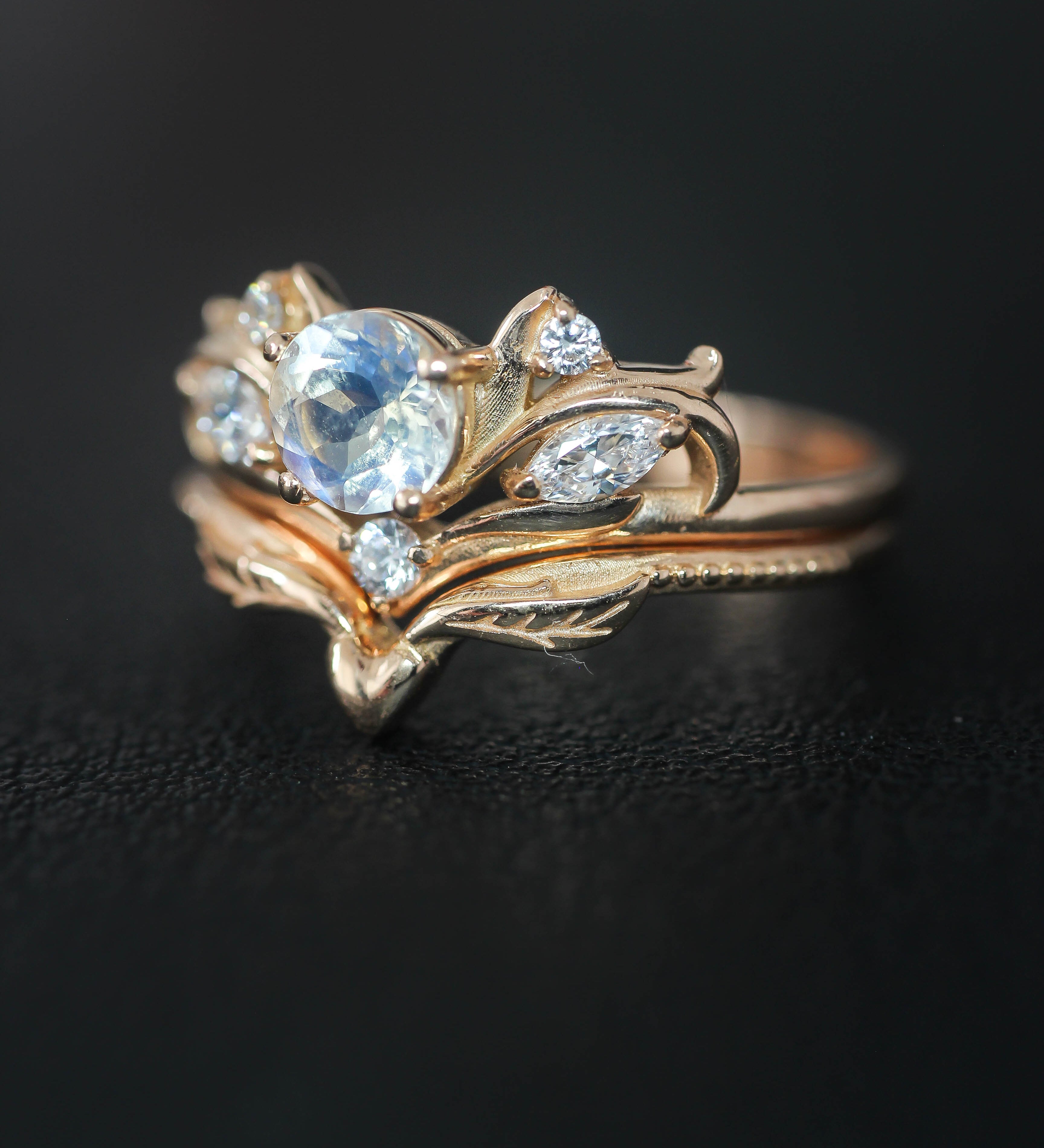 Bridal ring set with rainbow moonstone / Swanlake - Eden Garden Jewelry™
