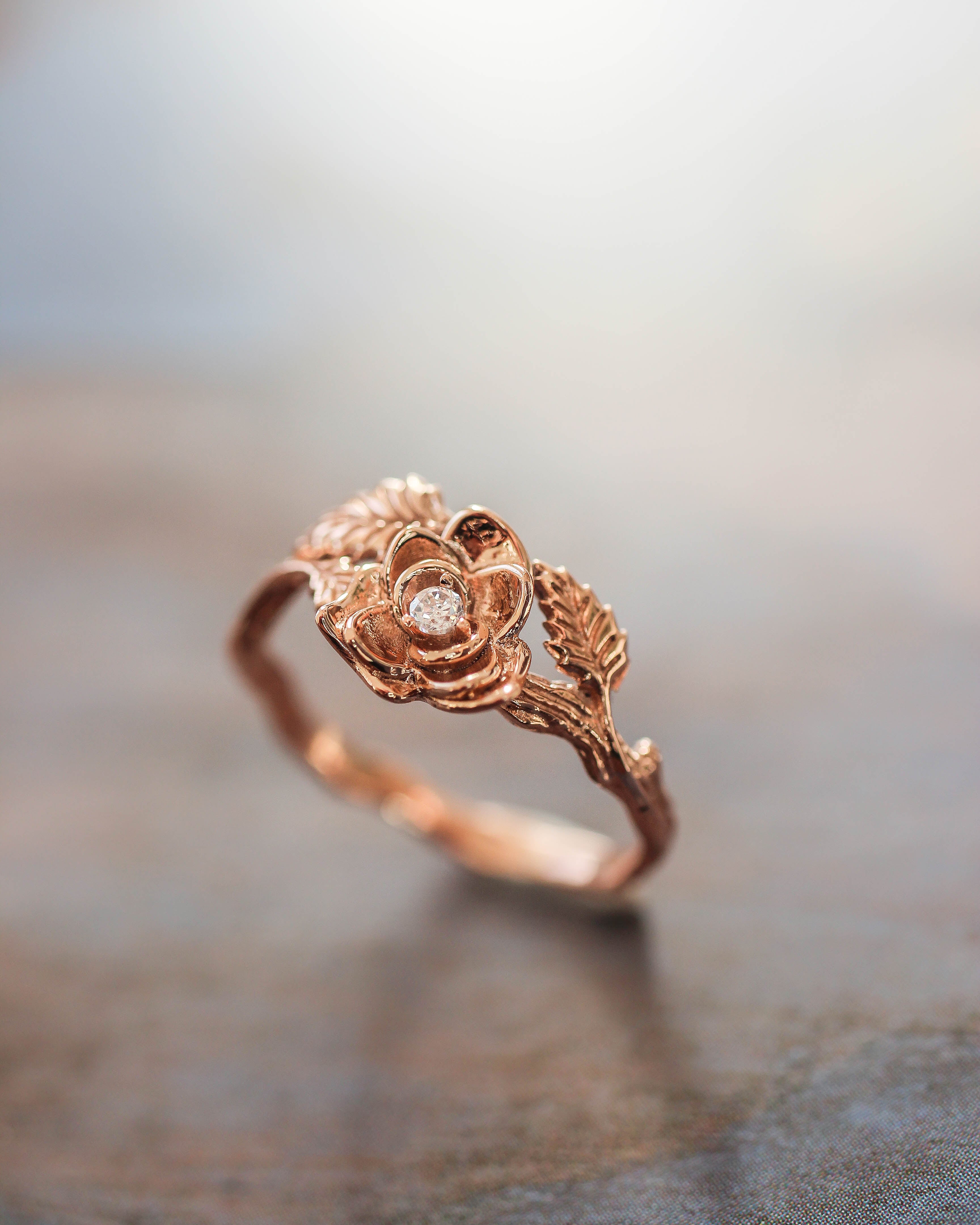 Bridal ring set with rose flower and diamonds - Eden Garden Jewelry™