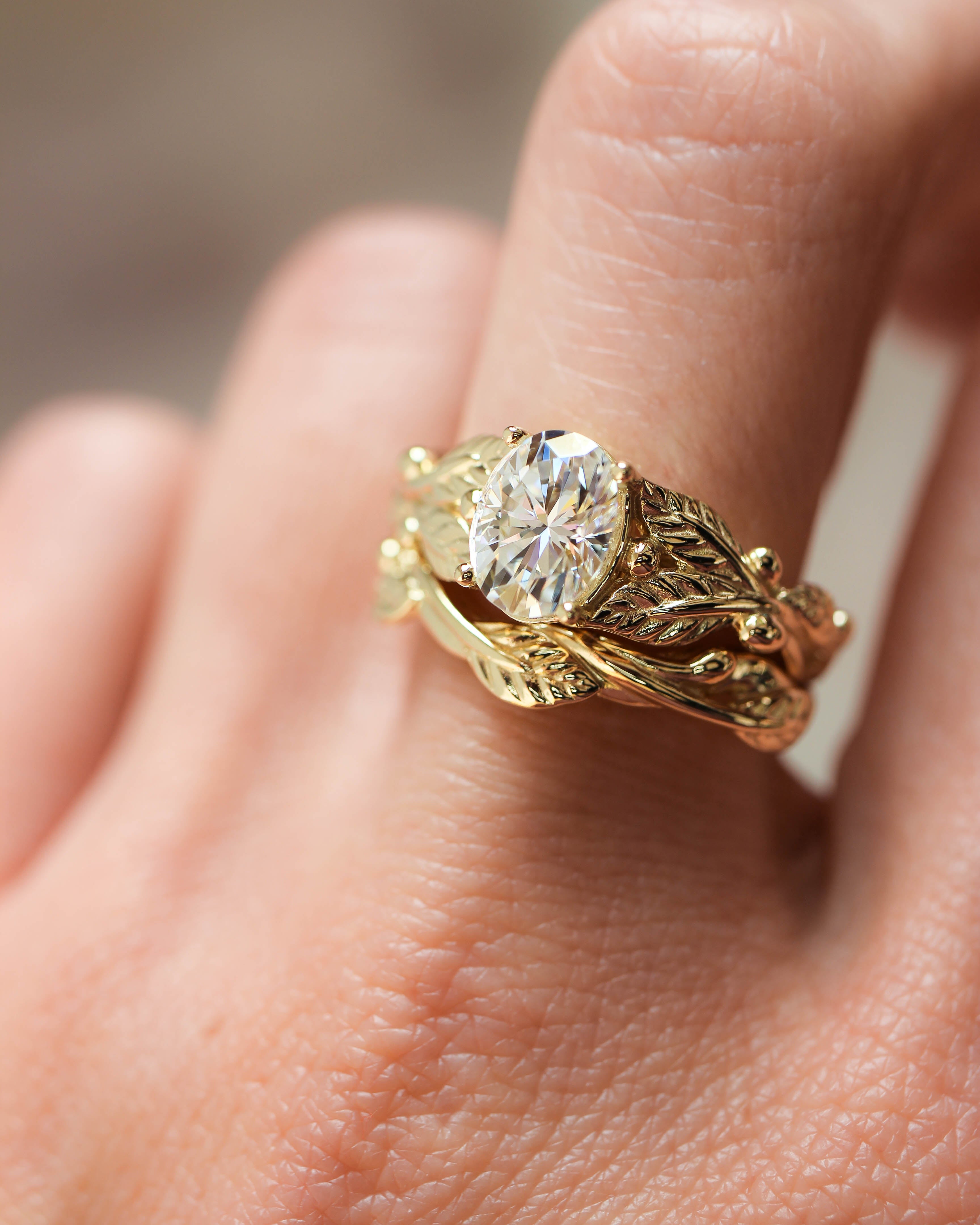 Lab grown diamond bridal ring set, nature inspired engagement and wedding rings / Cornus - Eden Garden Jewelry™