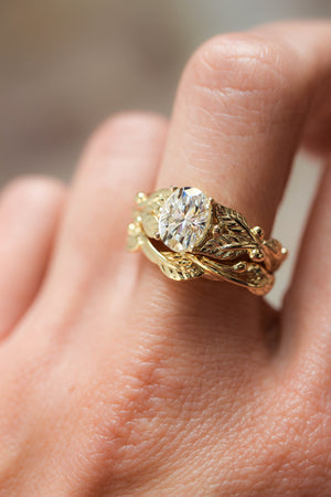 Bridal ring set with oval moissanite, gold leaf engagement and wedding rings / Cornus - Eden Garden Jewelry™