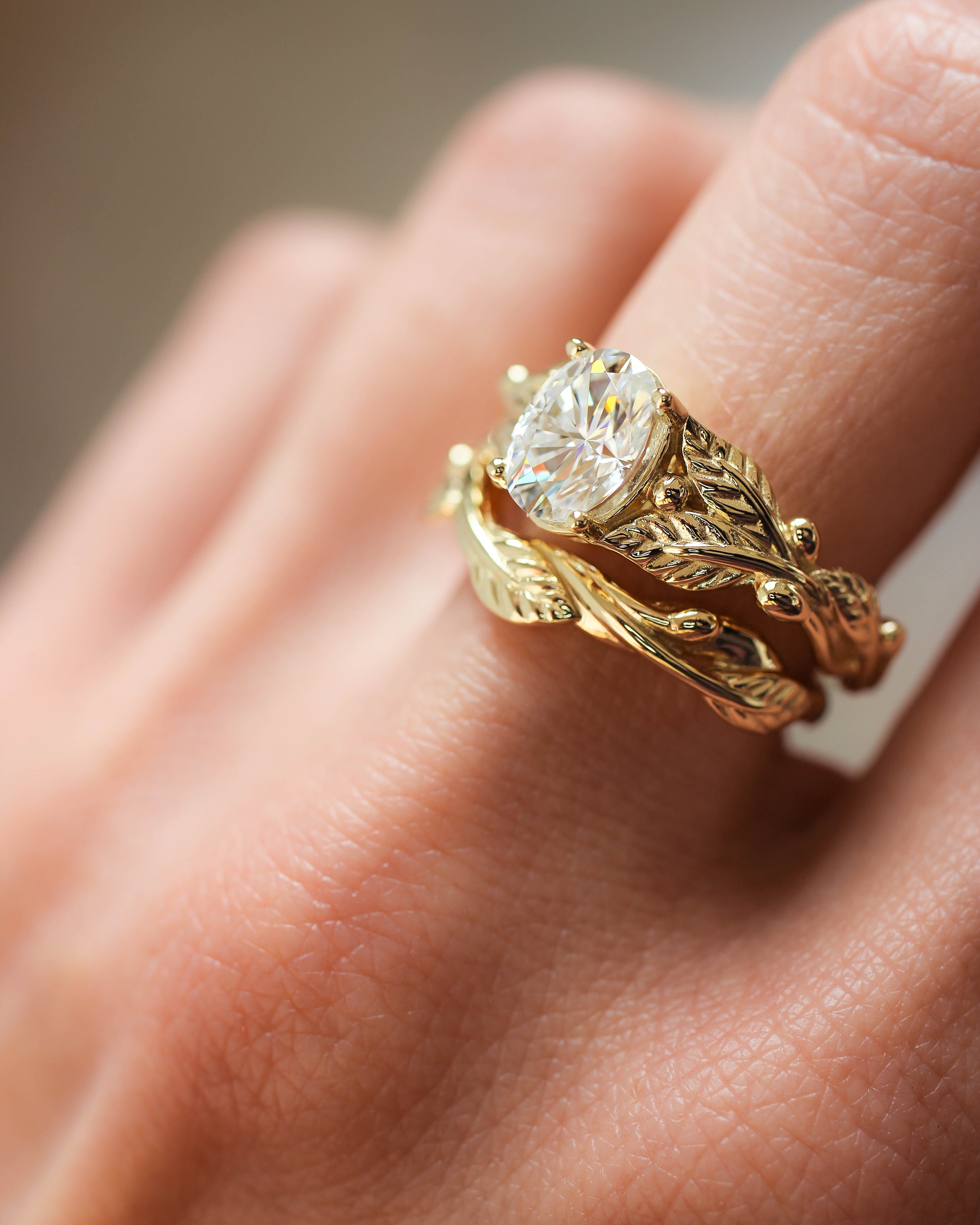Lab grown diamond bridal ring set, nature inspired engagement and wedding rings / Cornus - Eden Garden Jewelry™