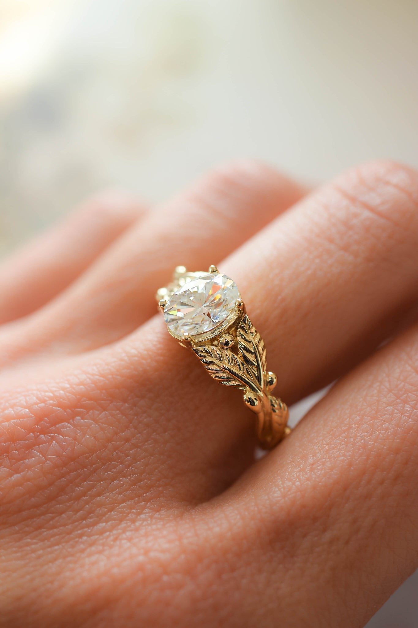 Oval cut moissanite engagement ring, gold leaf promise ring / Cornus - Eden Garden Jewelry™