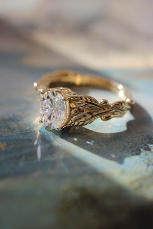 Lab grown diamond engagement ring, oval cut gemstone gold leaf promise ring / Cornus - Eden Garden Jewelry™