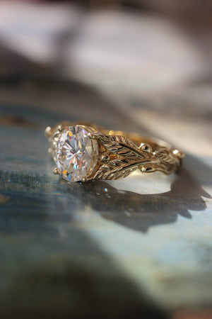 Lab grown diamond engagement ring, oval cut gemstone gold leaf promise ring / Cornus - Eden Garden Jewelry™