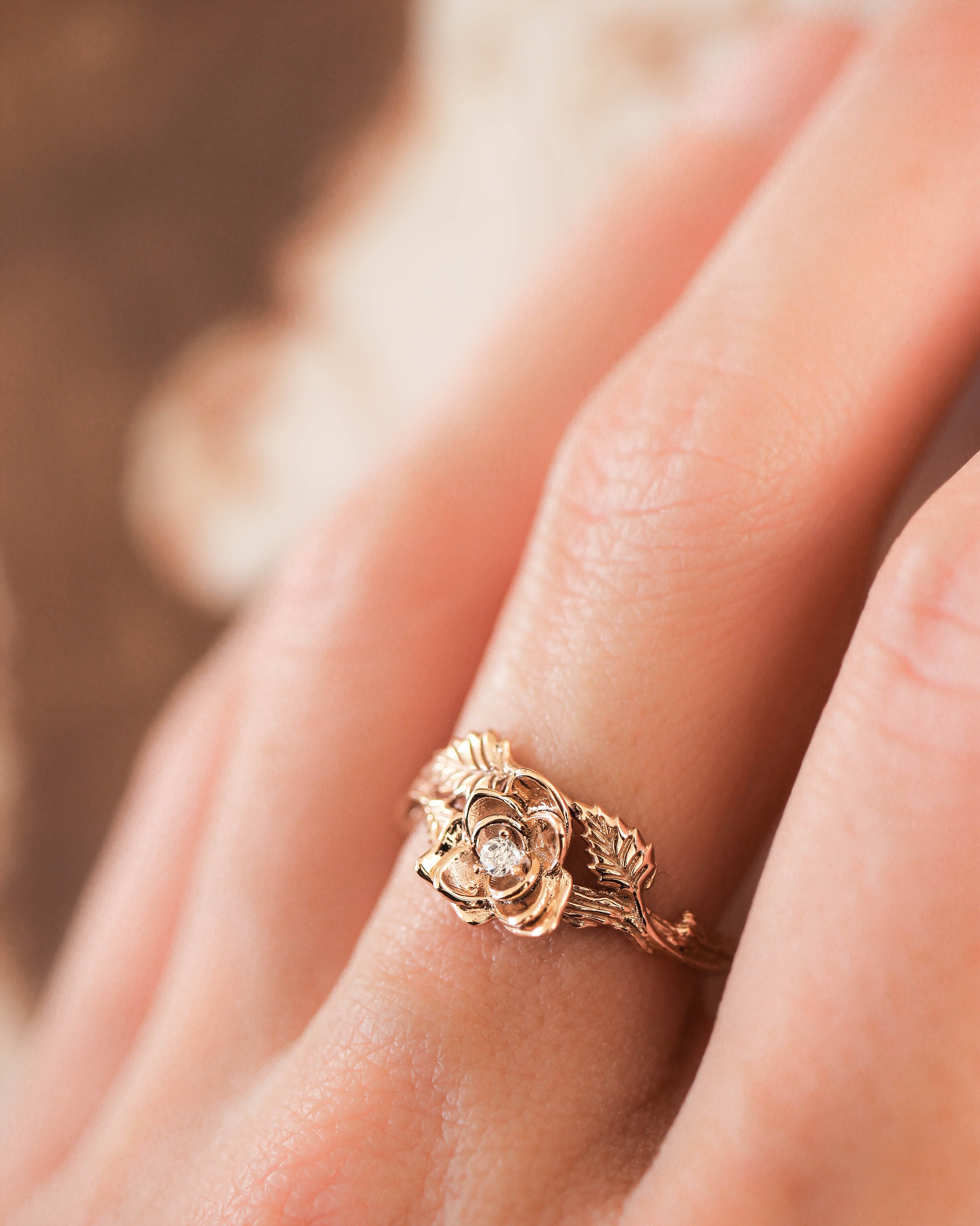 Bridal ring set with rose flower and diamonds - Eden Garden Jewelry™