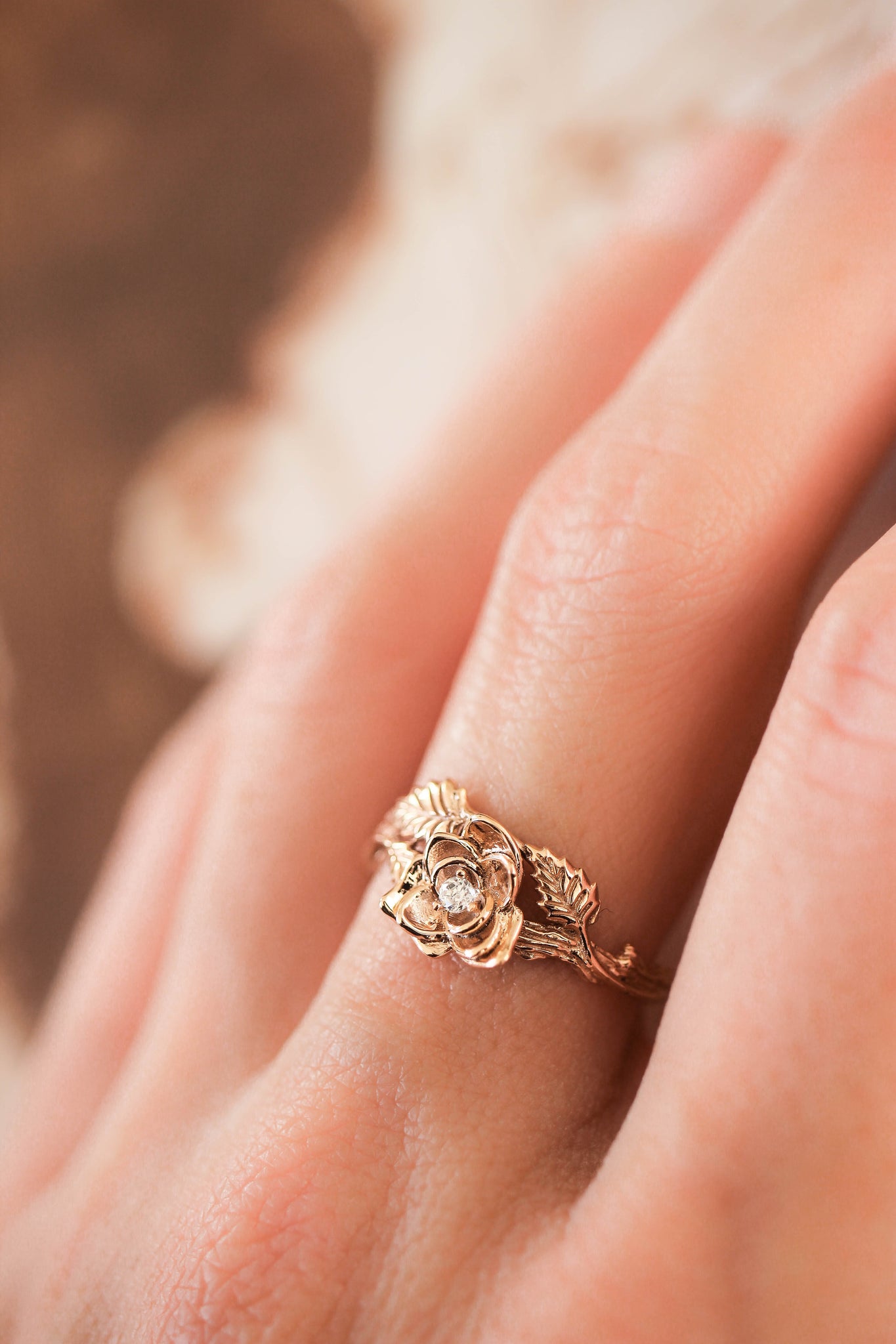 Bridal ring set with rose flower and diamonds - Eden Garden Jewelry™