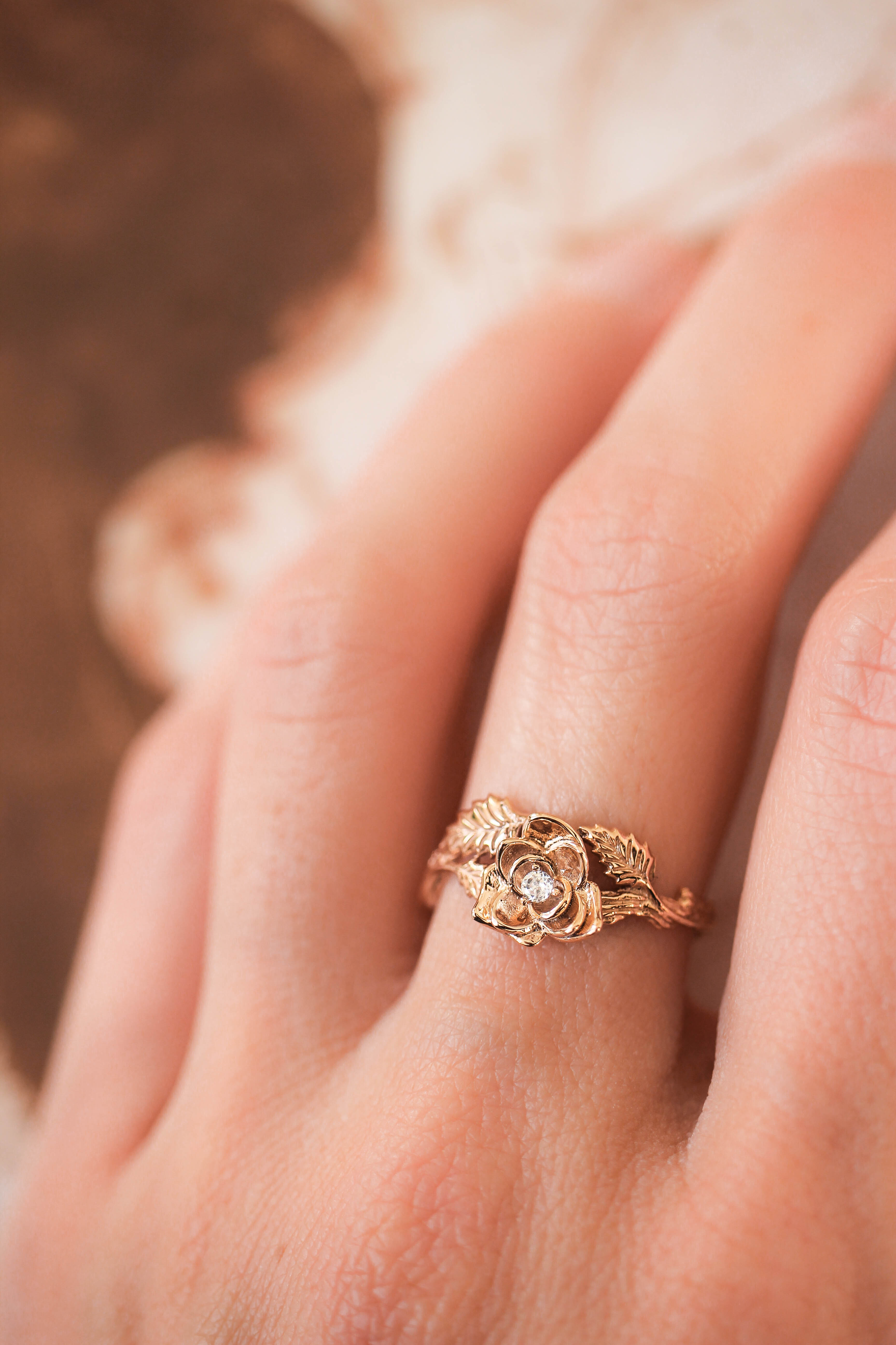 Diamond Flower Ring, Unique Rose Engagement Ring