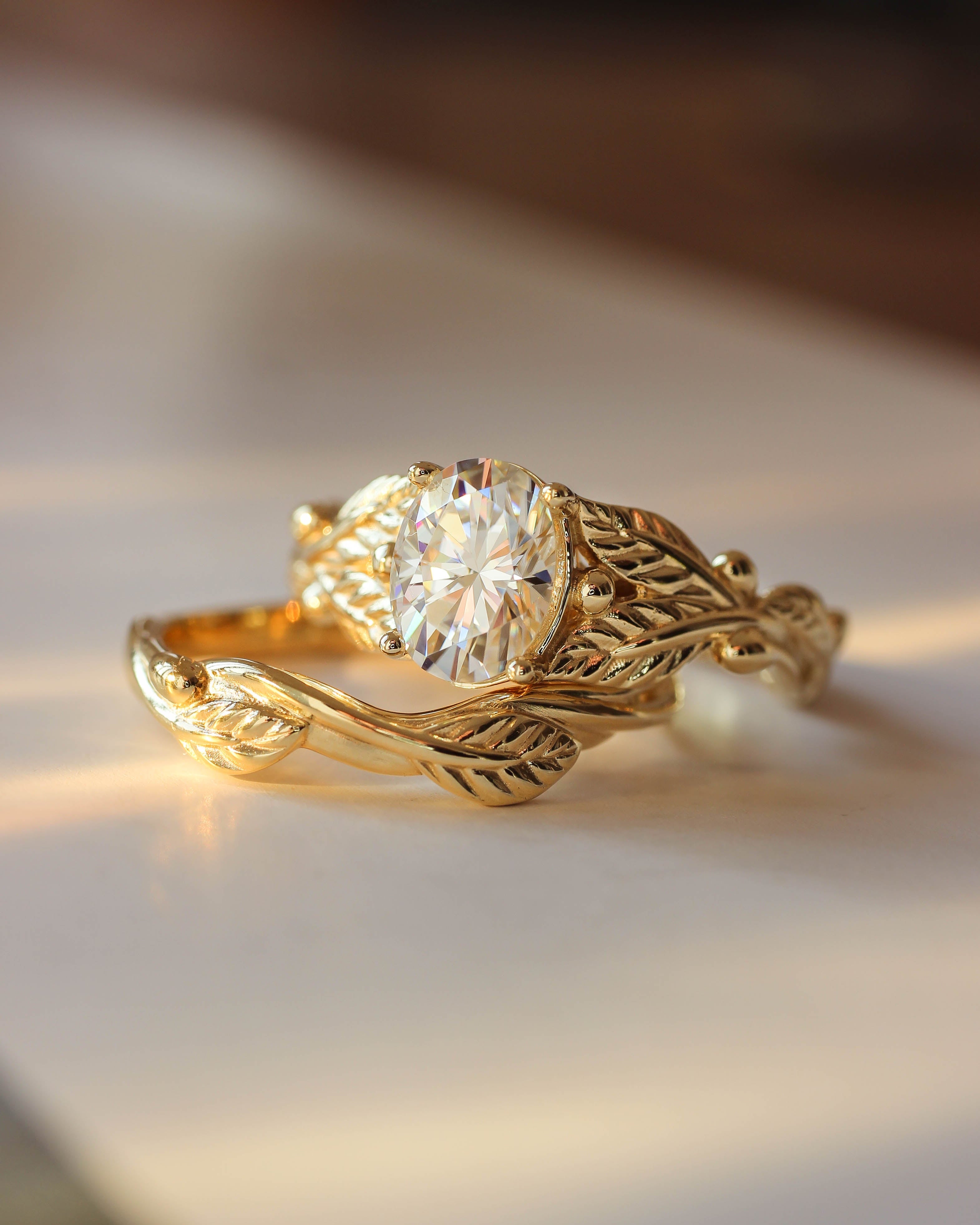 Lab grown diamond bridal ring set, nature inspired engagement and wedding rings / Cornus - Eden Garden Jewelry™