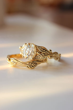 Bridal ring set with oval moissanite, gold leaf engagement and wedding rings / Cornus - Eden Garden Jewelry™