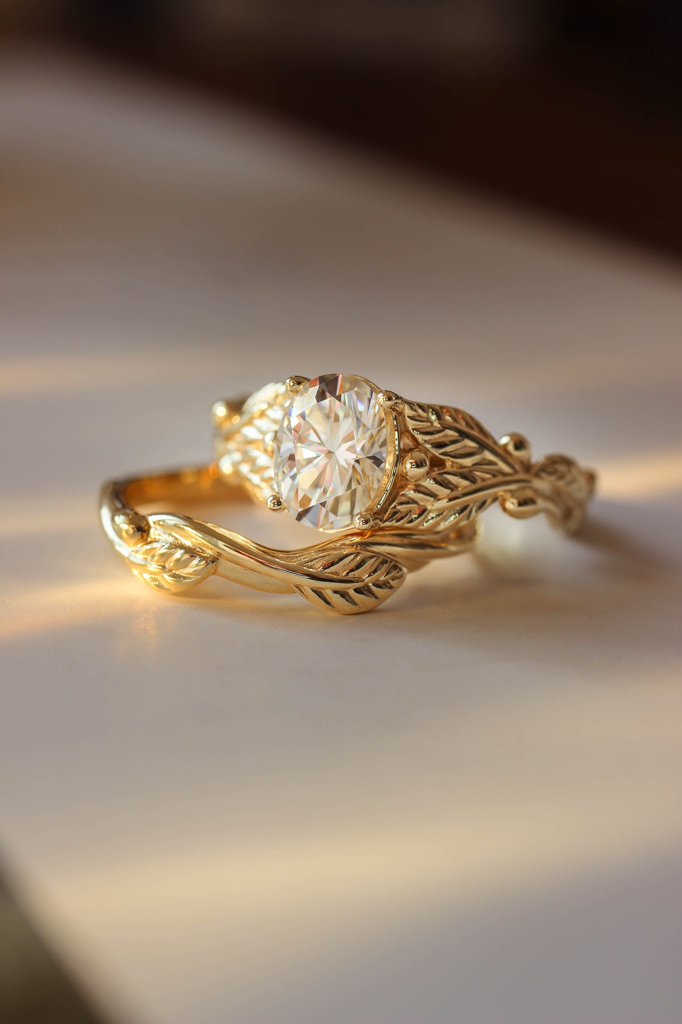 Oval cut moissanite engagement ring, gold leaf promise ring / Cornus - Eden Garden Jewelry™