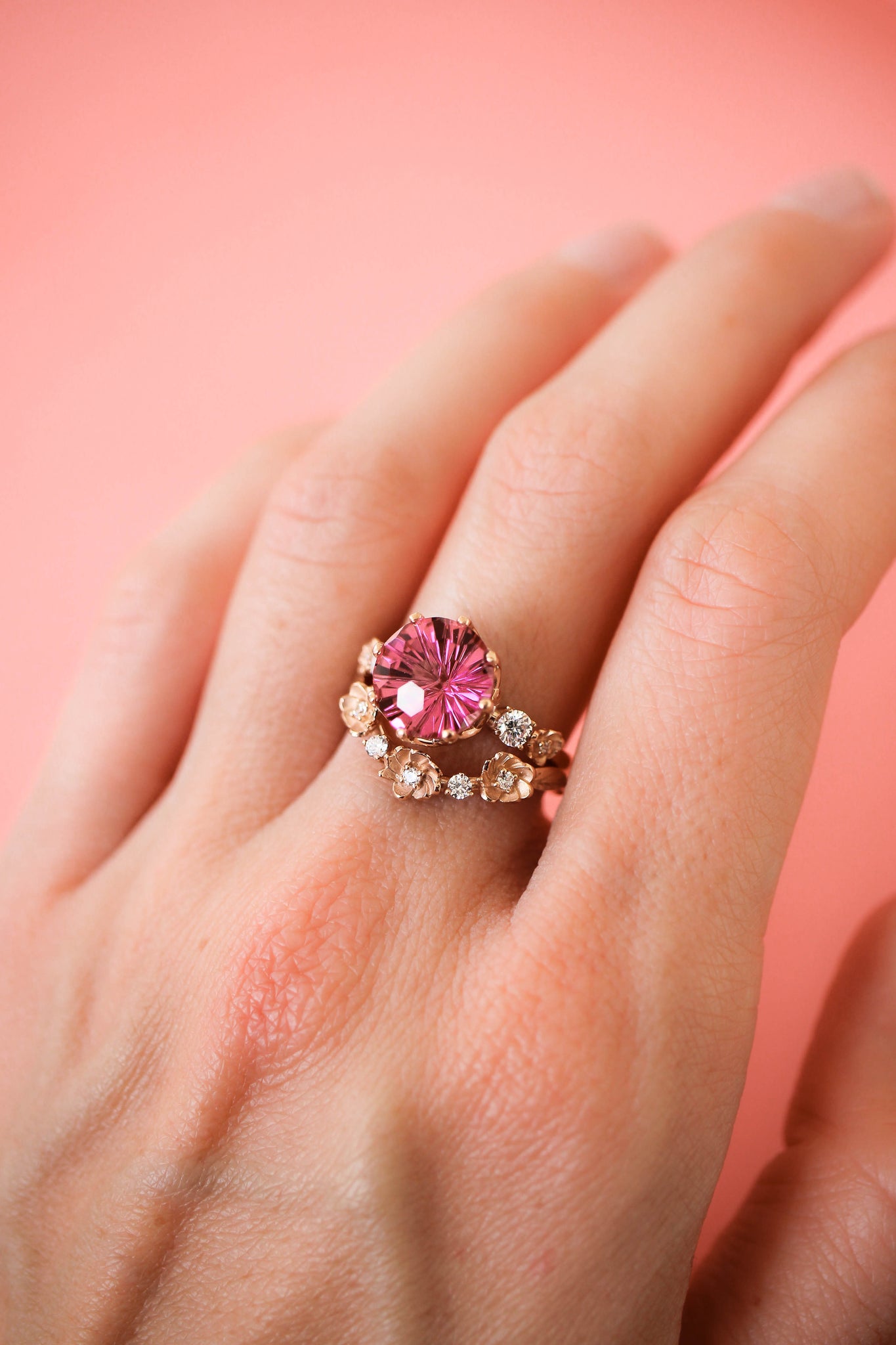 Bridal set with fancy cut pink topaz and diamonds - Eden Garden Jewelry™