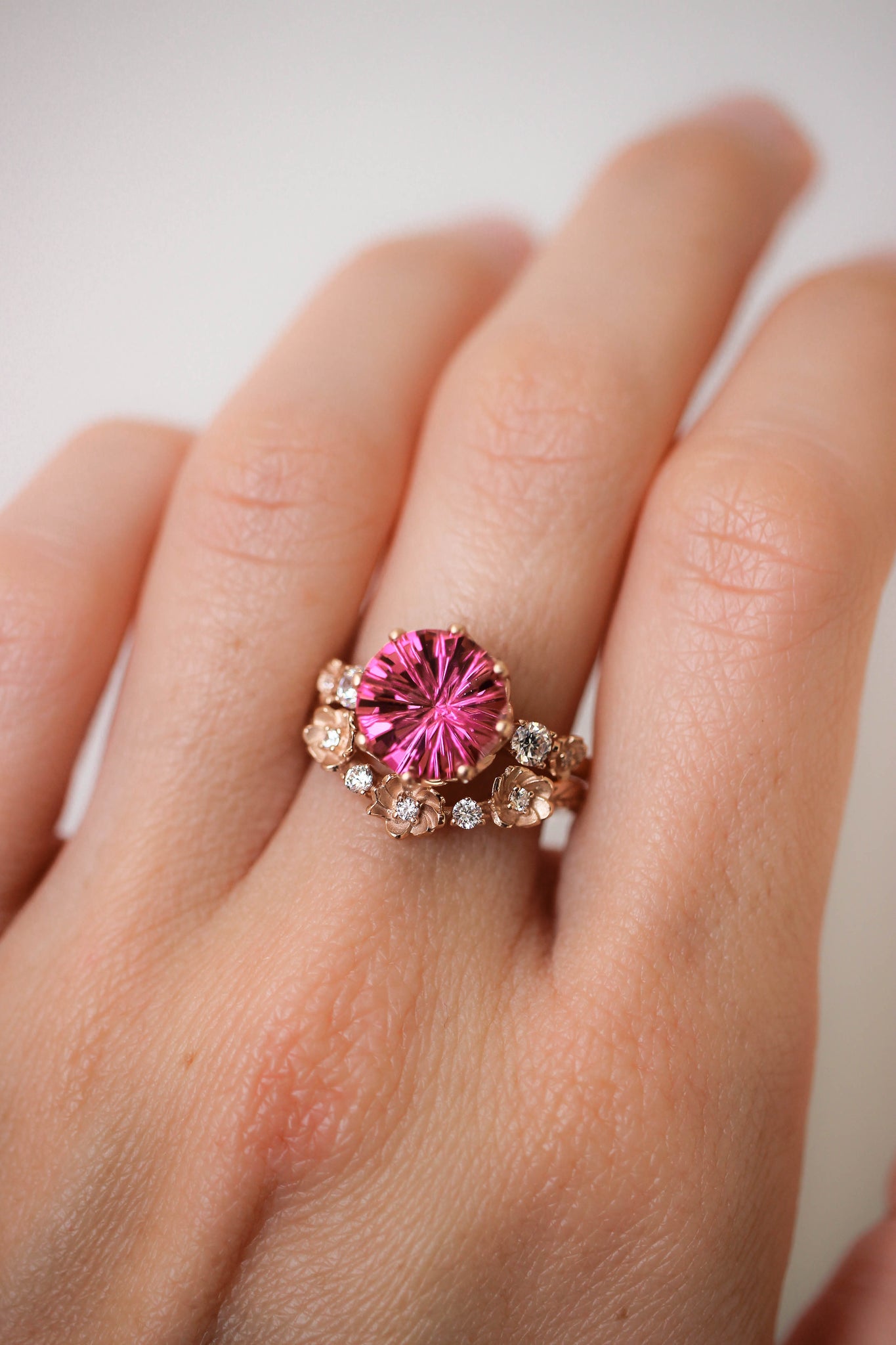 Bridal set with fancy cut pink topaz and diamonds - Eden Garden Jewelry™
