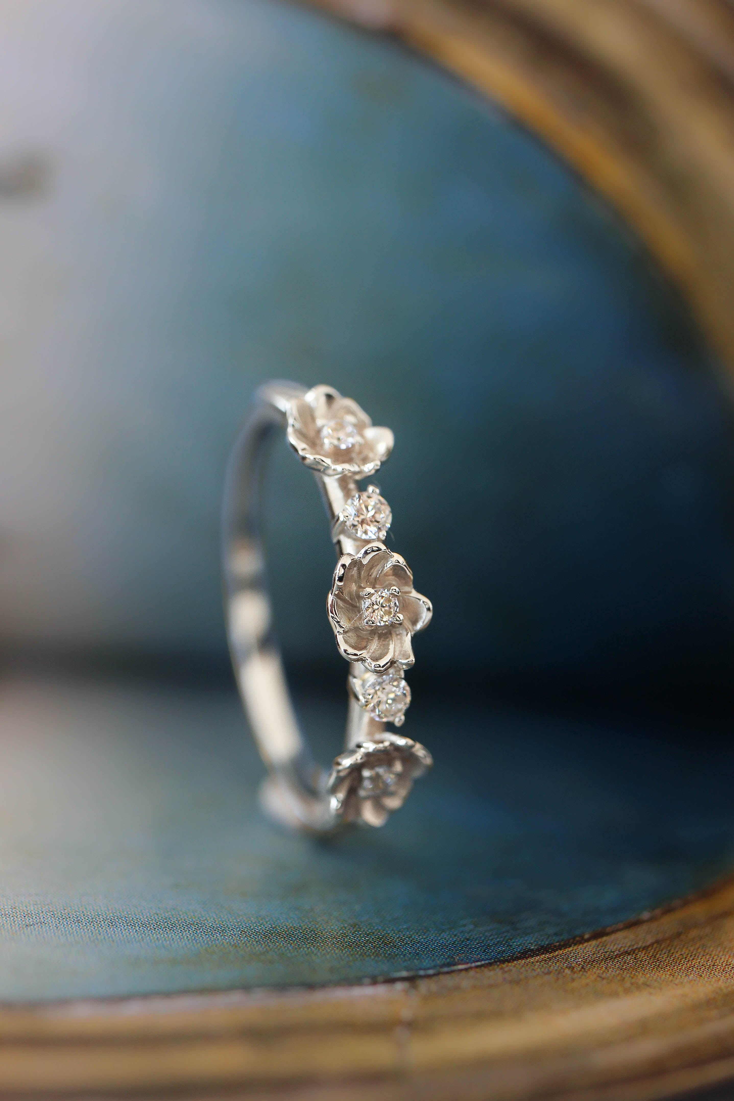 18K White Gold Diamond Bouquet Three Stone Engagement Ring