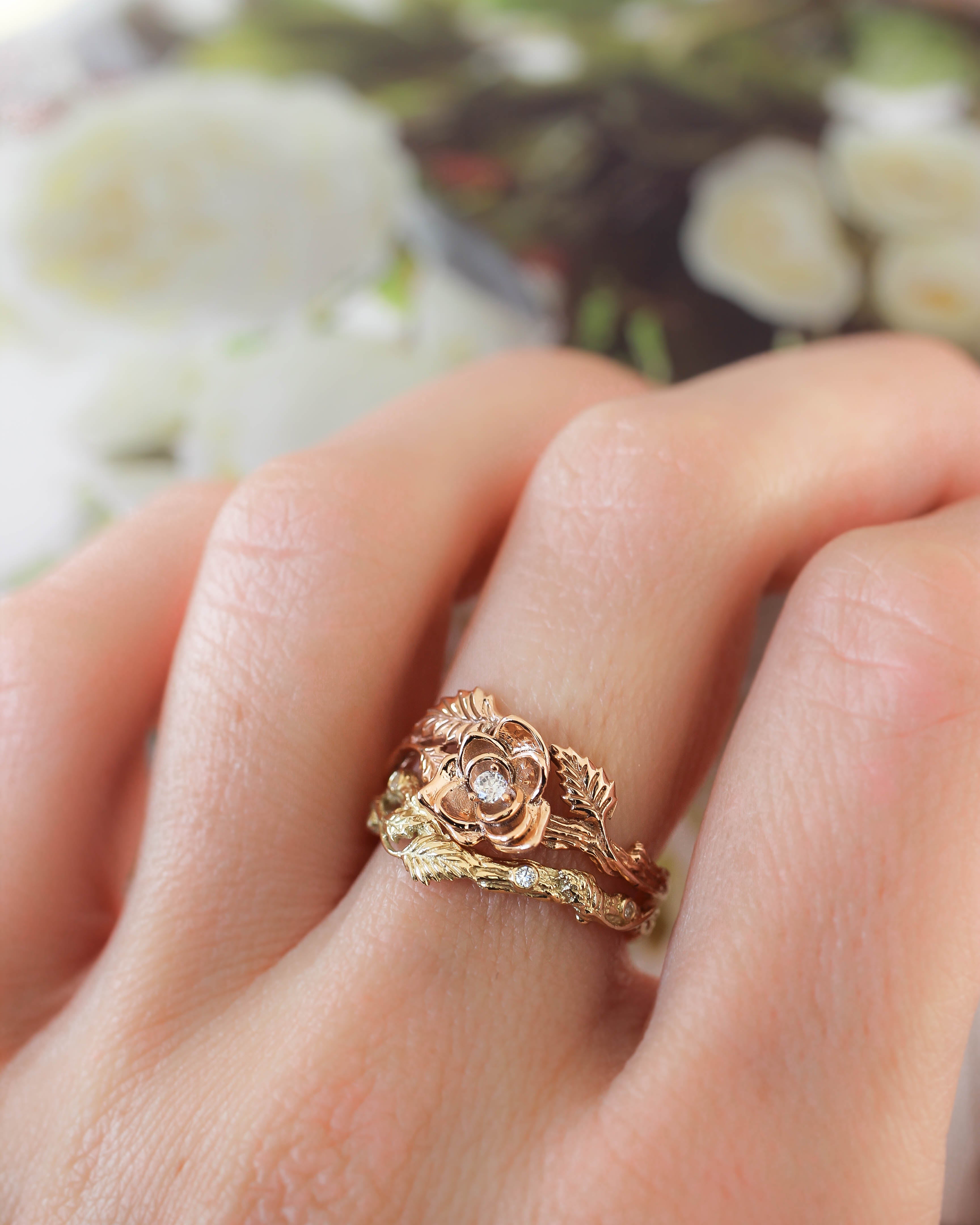 Bridal ring set with rose flower and diamonds - Eden Garden Jewelry™