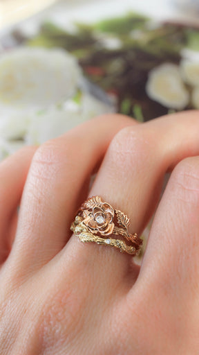 Bridal ring set with rose flower and diamonds - Eden Garden Jewelry™