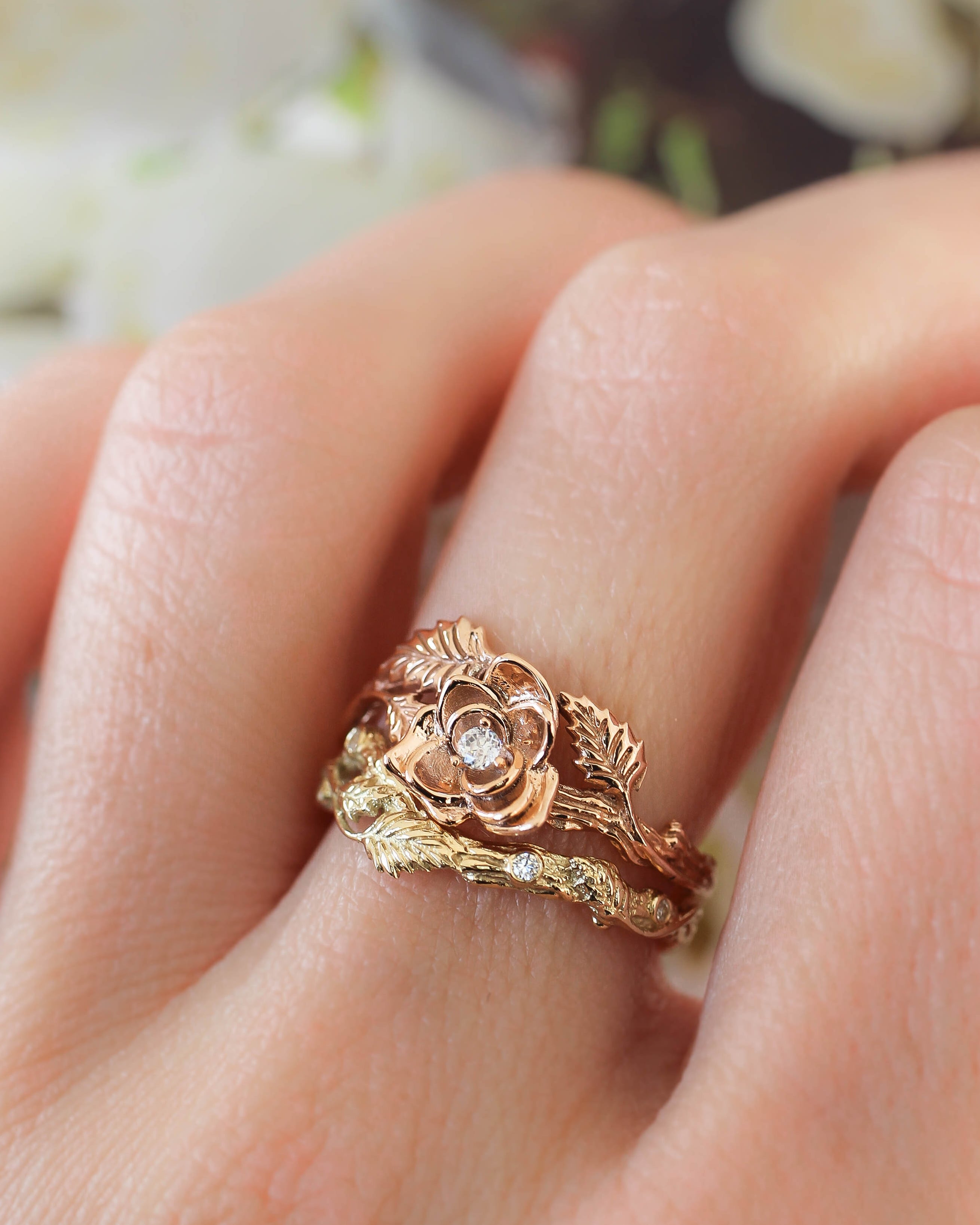 Bridal ring set with rose flower and diamonds - Eden Garden Jewelry™