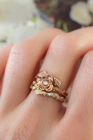 Bridal ring set with rose flower and diamonds - Eden Garden Jewelry™
