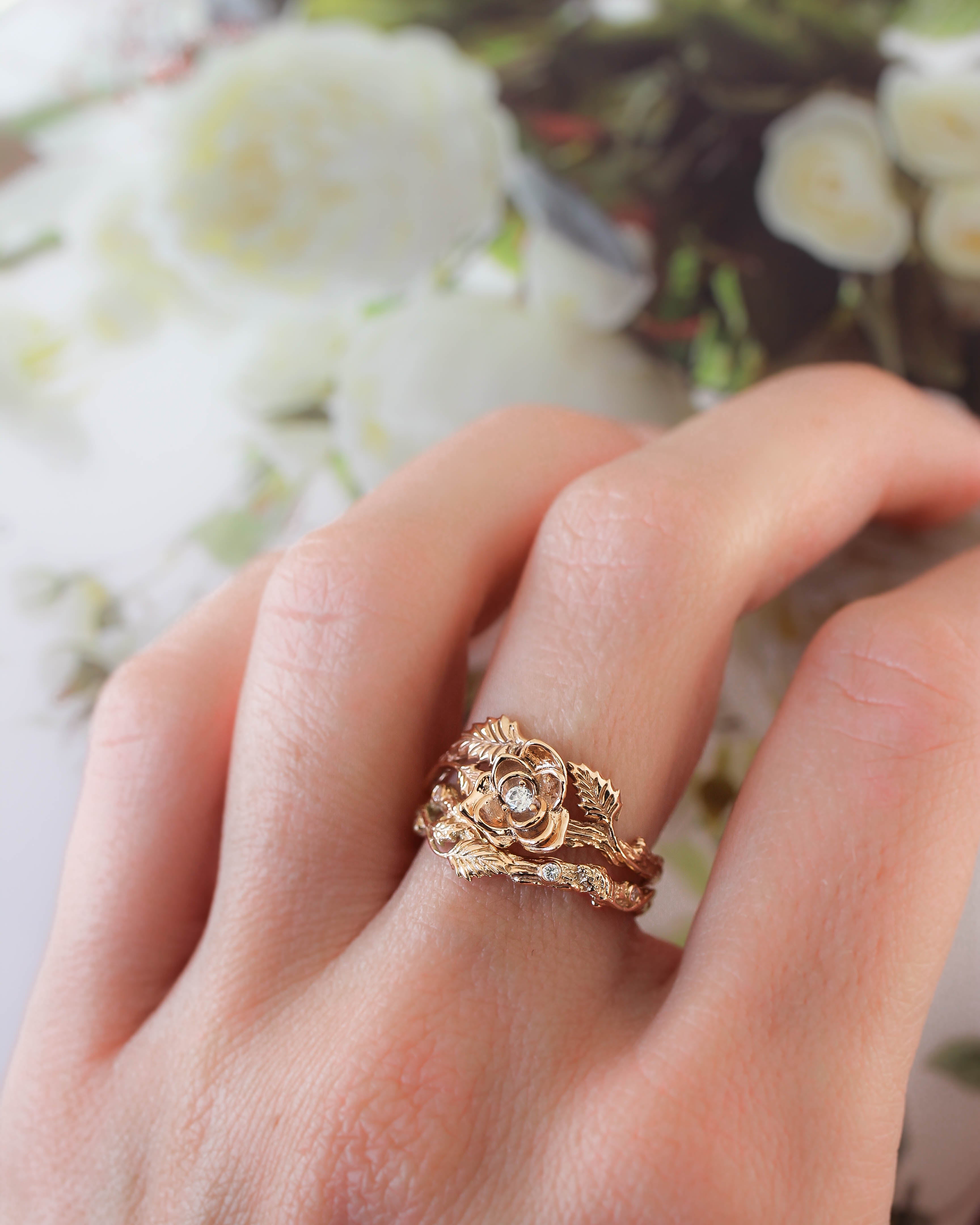 Bridal ring set with rose flower and diamonds - Eden Garden Jewelry™