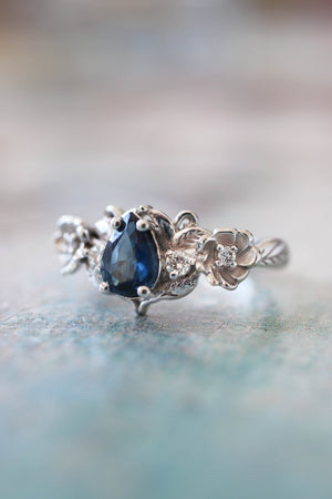 Blue sapphire and diamonds ring, flower engagement ring / Adelina - Eden Garden Jewelry™