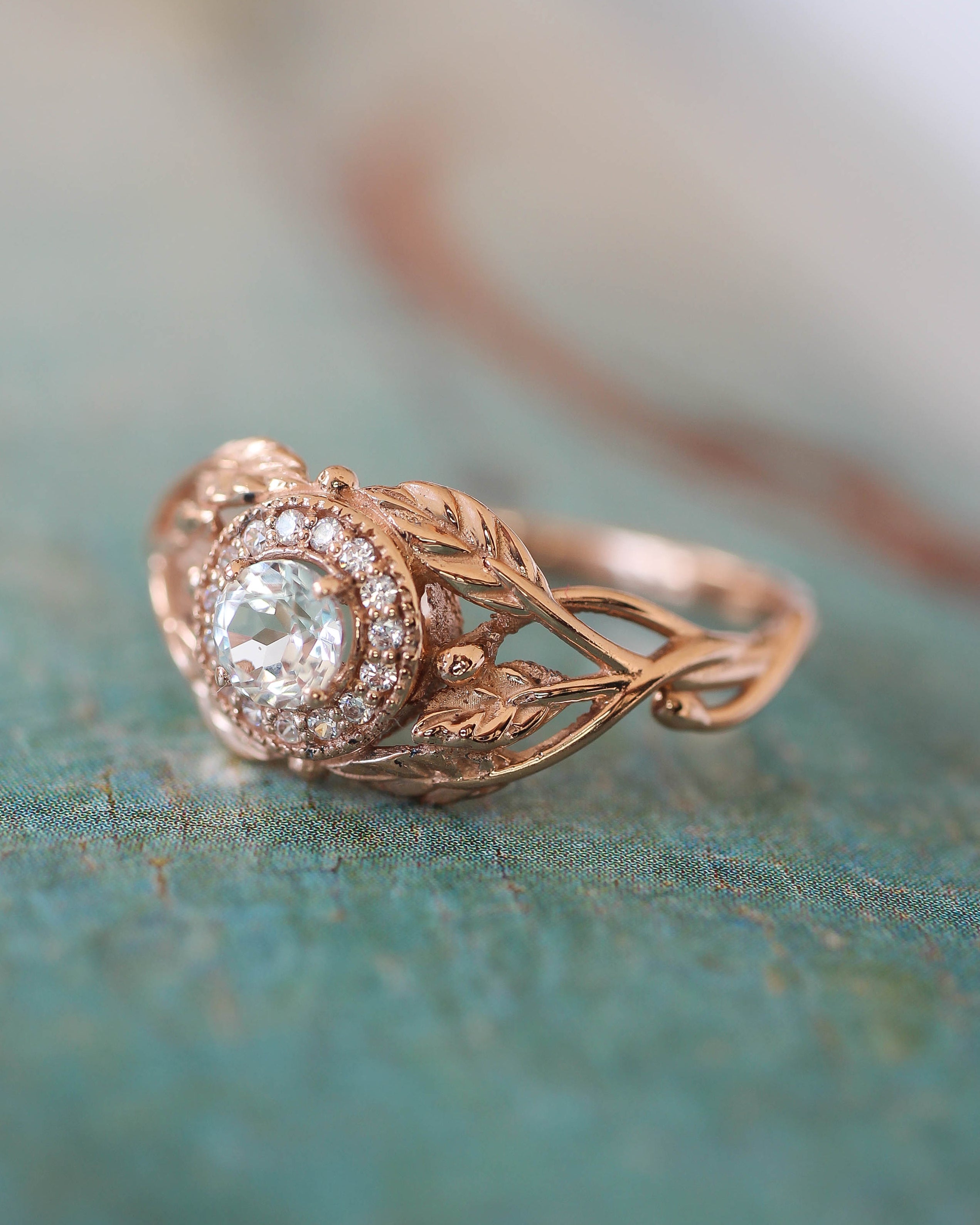 Leaf engagement ring with natural diamonds / Tilia halo - Eden Garden Jewelry™