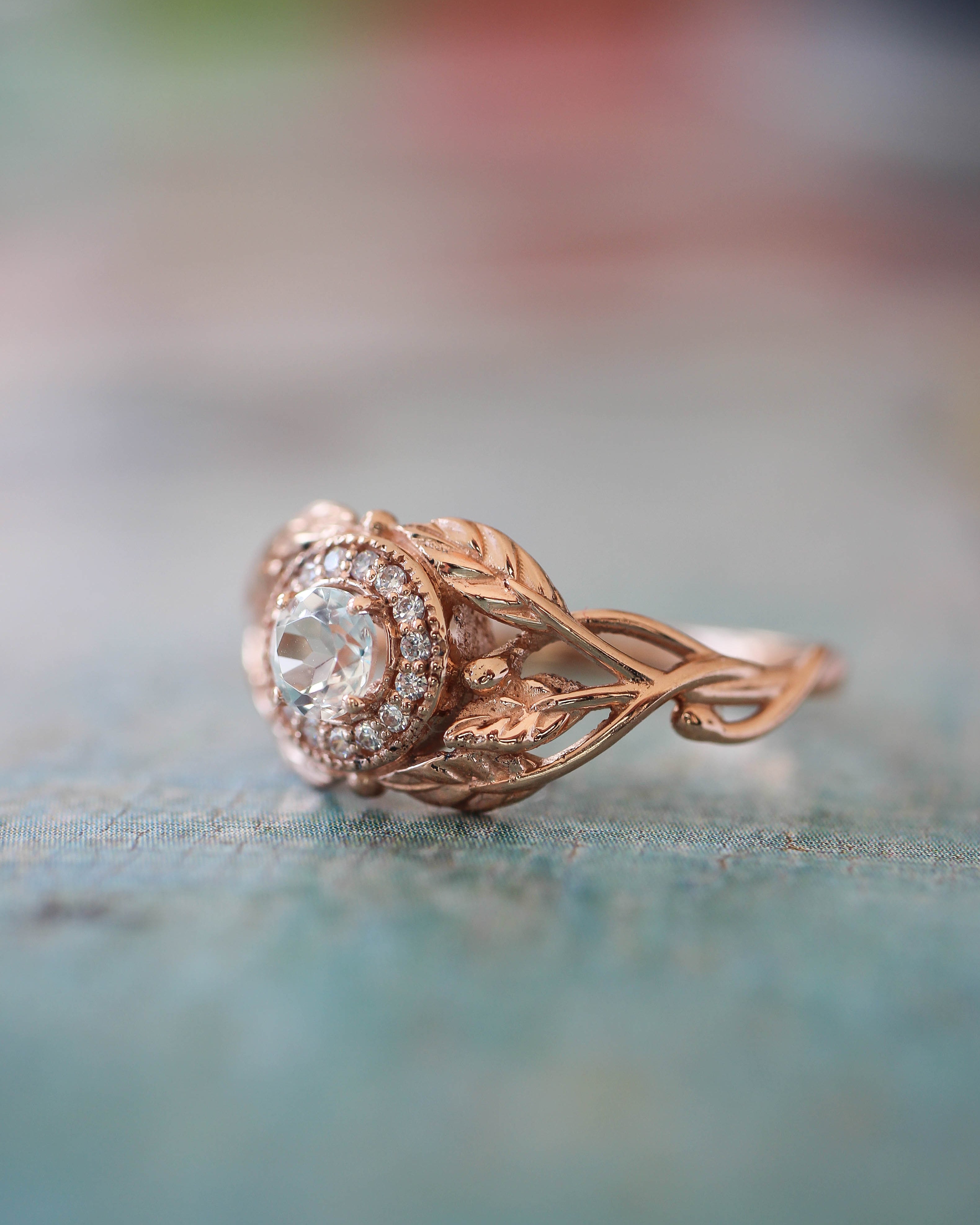Leaf engagement ring with natural diamonds / Tilia halo - Eden Garden Jewelry™