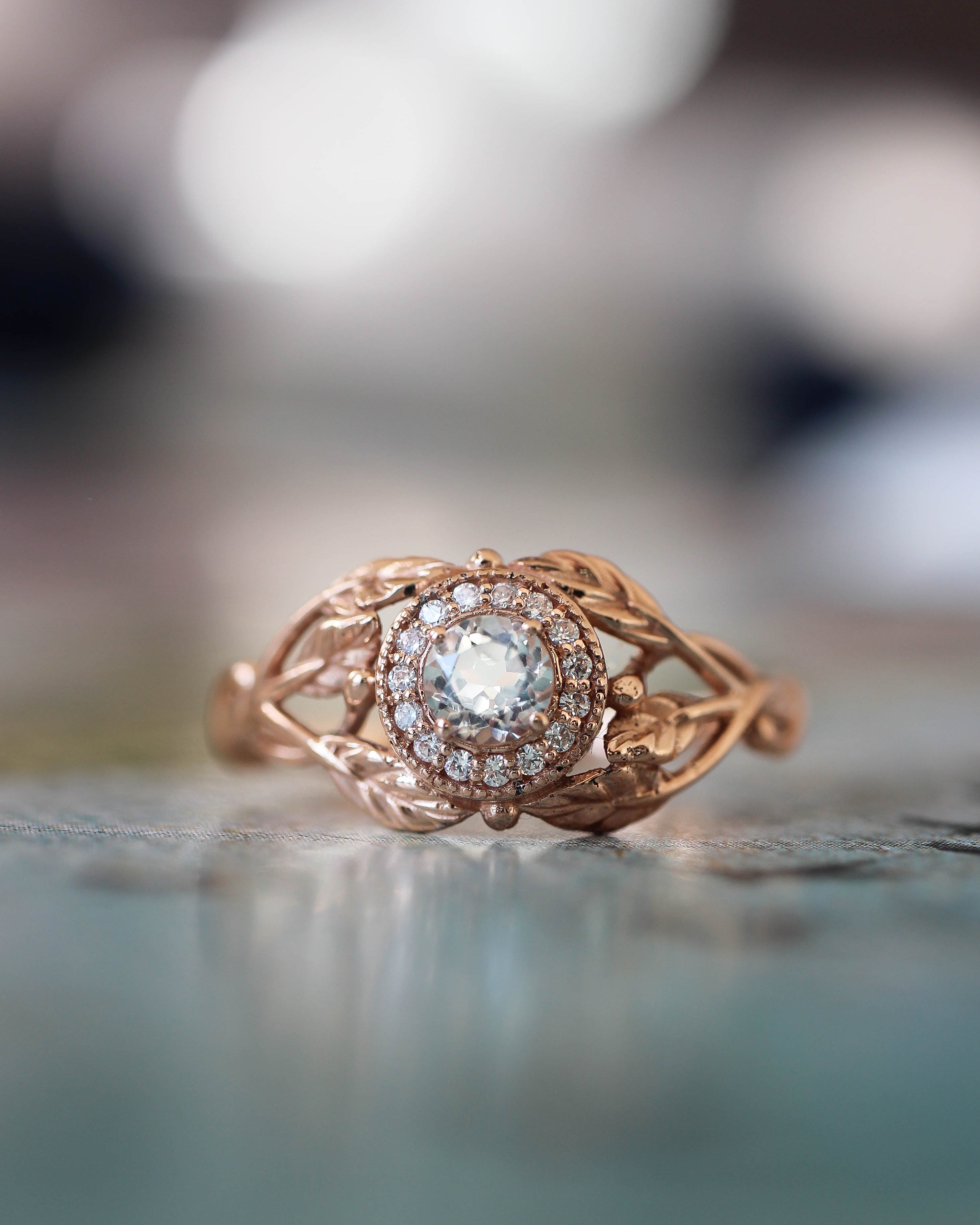 Leaf engagement ring with natural diamonds / Tilia halo - Eden Garden Jewelry™