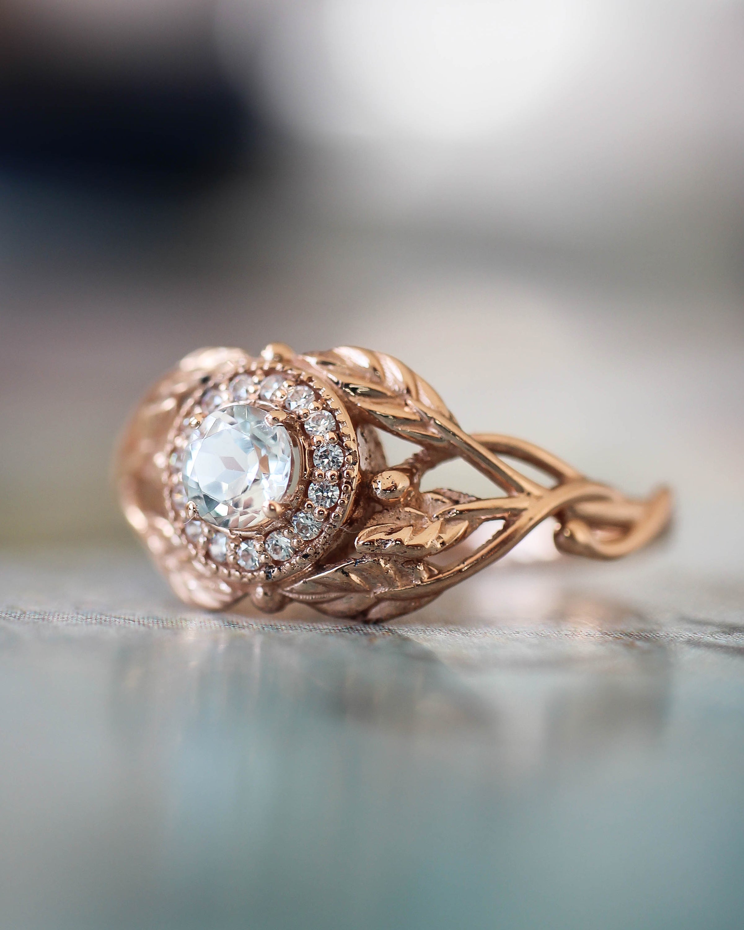 Leaf engagement ring with natural diamonds / Tilia halo - Eden Garden Jewelry™