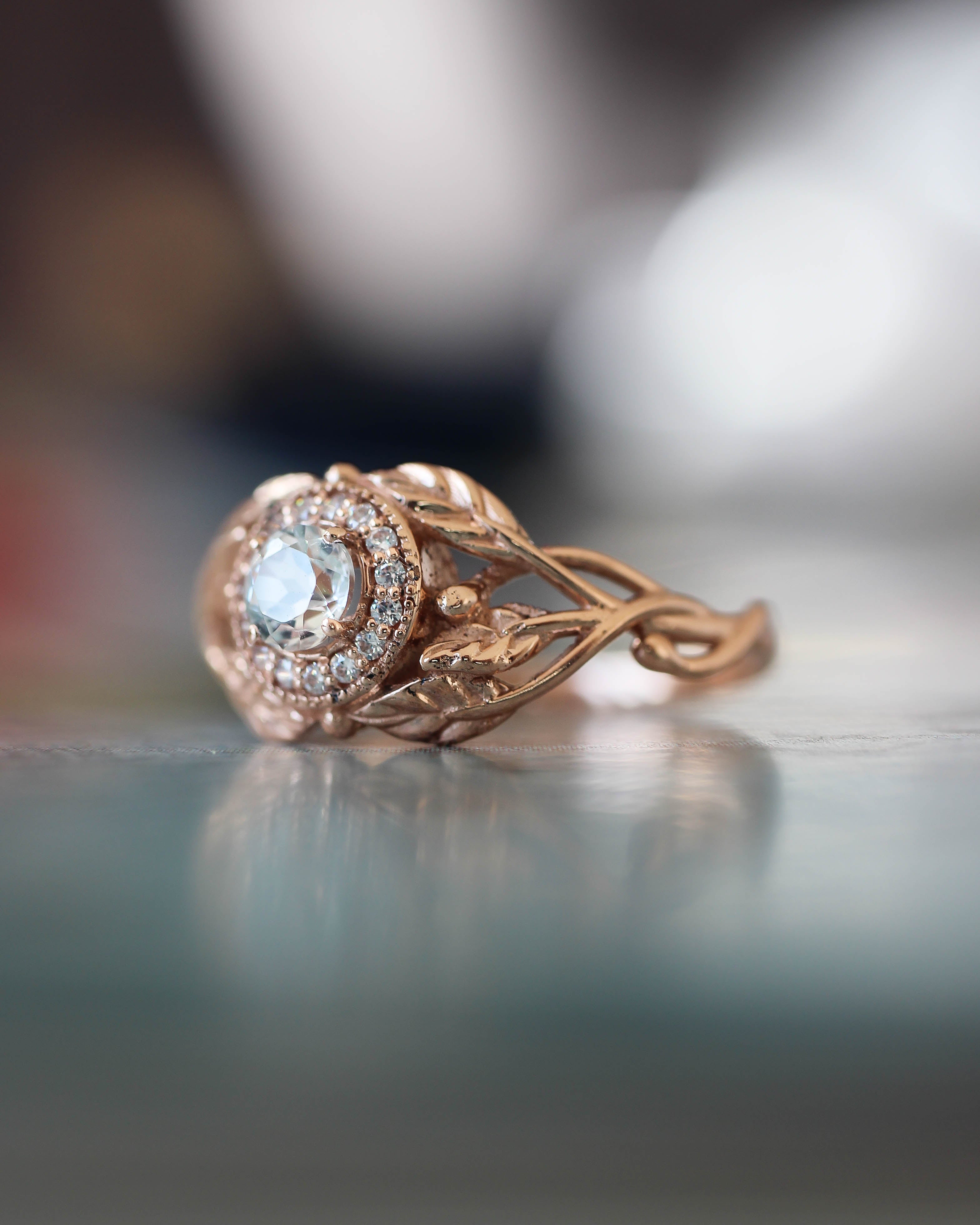 Leaf engagement ring with natural diamonds / Tilia halo - Eden Garden Jewelry™