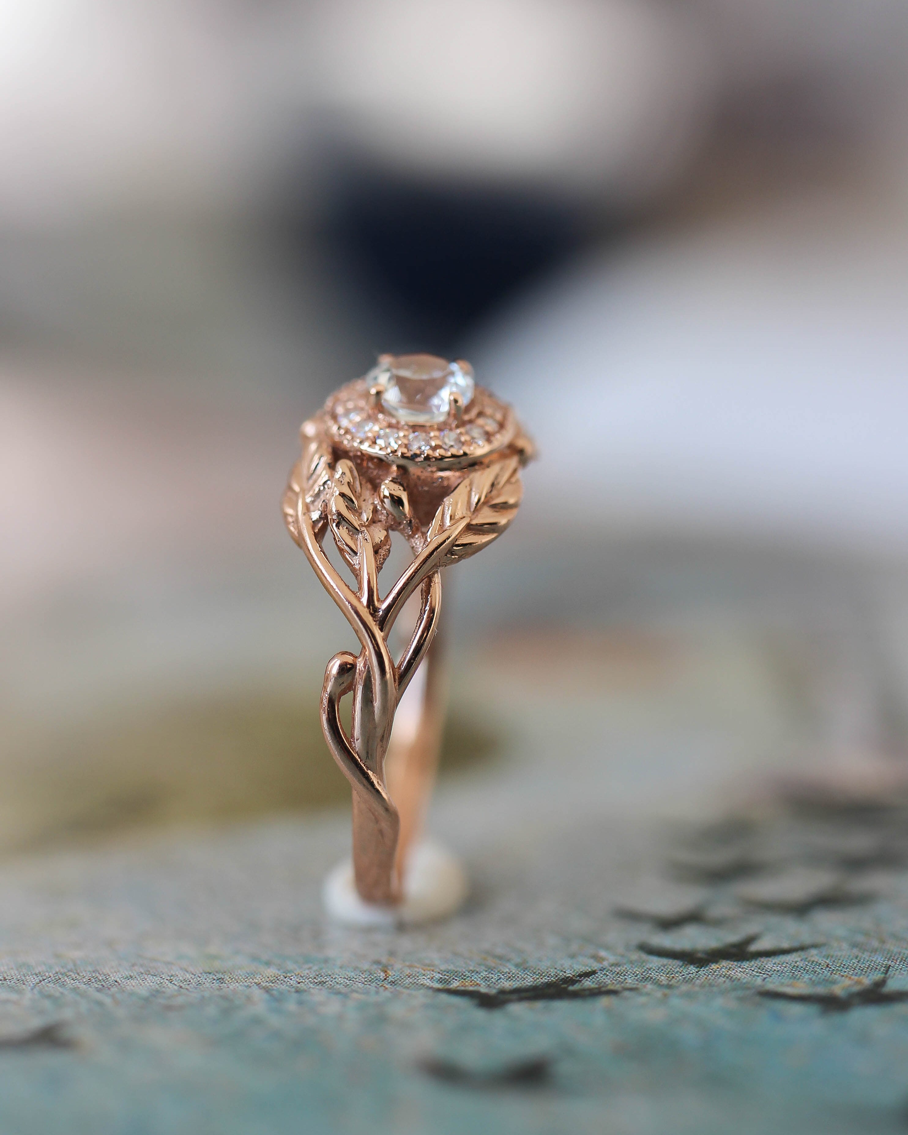 Leaf engagement ring with natural diamonds / Tilia halo - Eden Garden Jewelry™