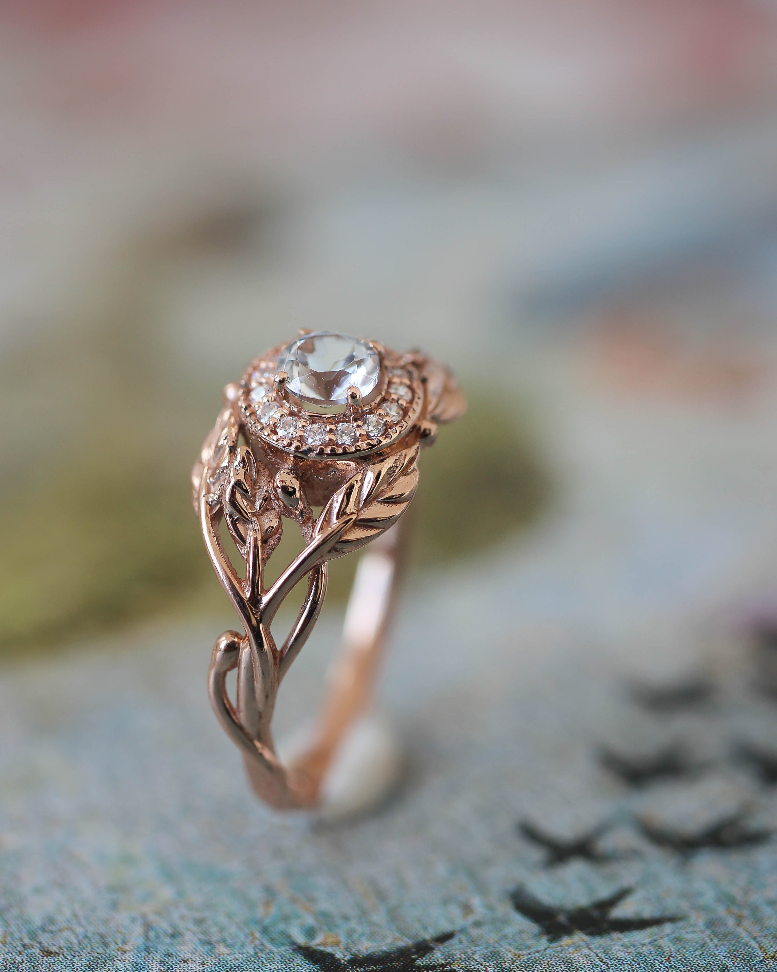 Leaf engagement ring with natural diamonds / Tilia halo - Eden Garden Jewelry™